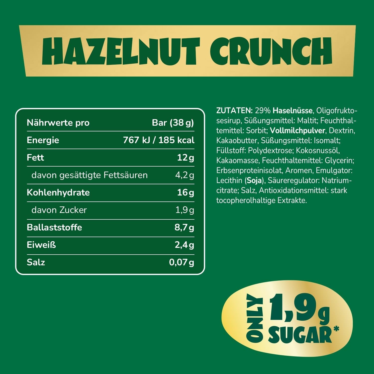 Karamel Hazelnoot Chocoladerepen vooruit | 12 chocoladerepen x 35 g zonder toegevoegde suiker | 1,9 g suiker per reep | Krokante hazelnoot- en karamelsmaak | Koolhydraatarme snoepjes | Geen palmolie
