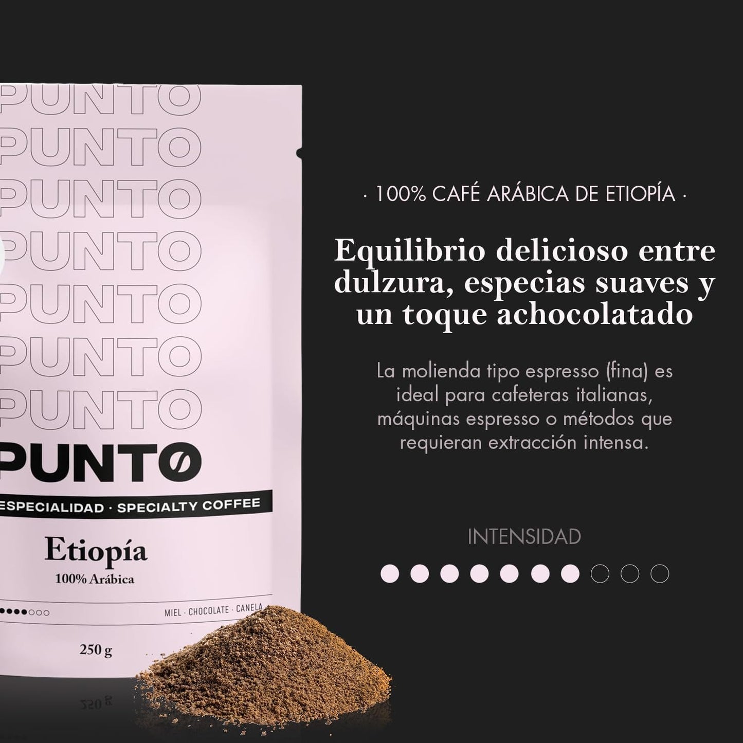 – Gemalen Ethiopische koffie – 250 g – Speciale koffie – Medium gebrand – 100% Arabica – Tonen van honing, kaneel en chocolade – Intense zuurgraad – Medium body