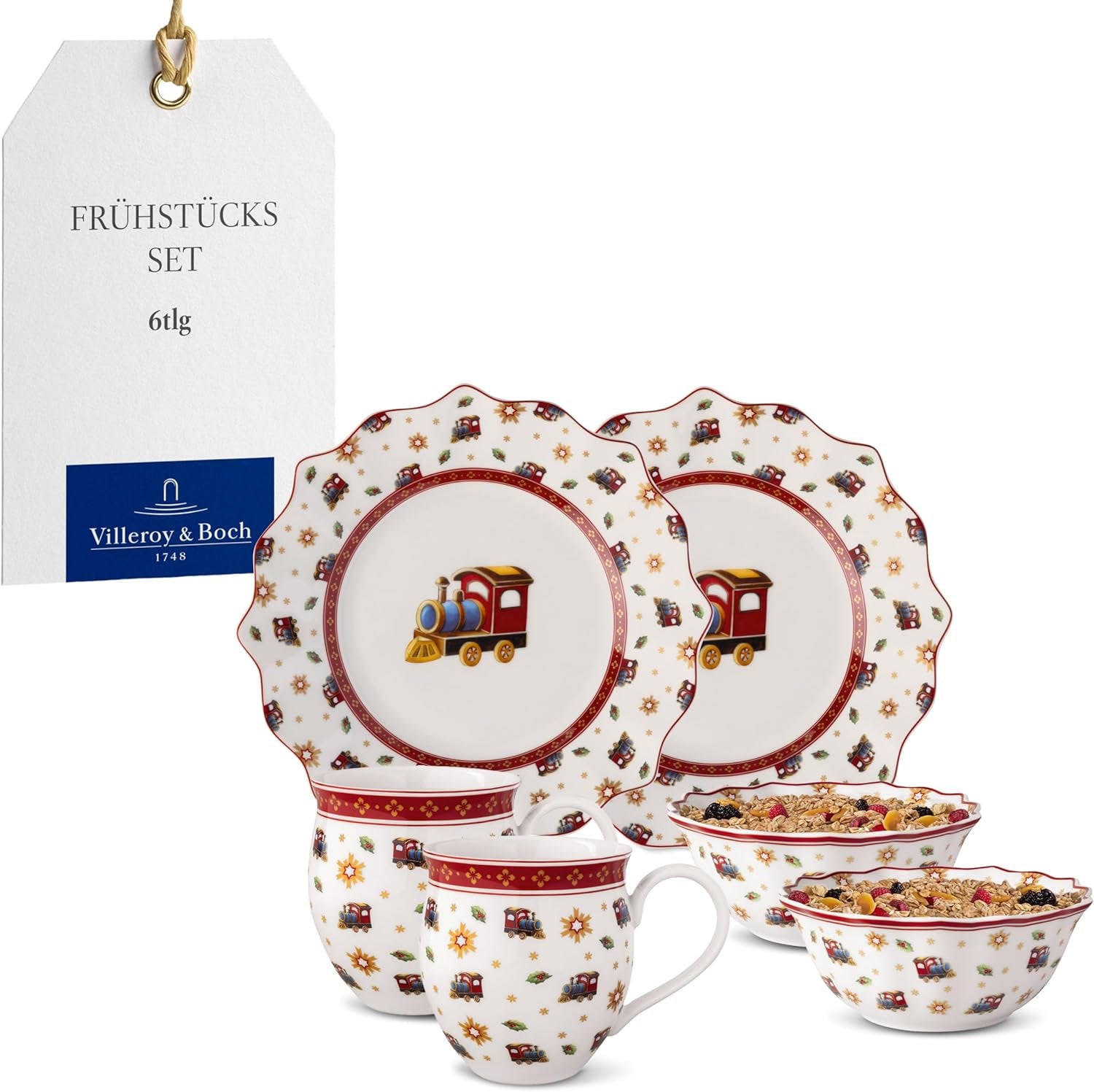 Villeroy & Boch - Toy's Delight ontbijtset voor 2 personen, locomotiefontwerp, 6-delig, kleurrijk, Kerstmis, serviesset met borden, kopjes en schalen voor ontbijt, kerstservies, premium porselein