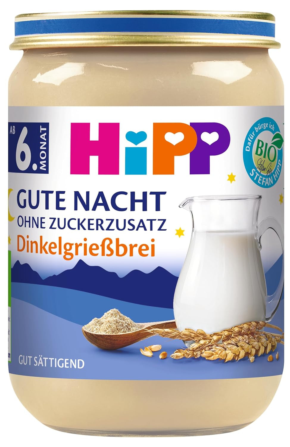 HiPP Organic Good Night speltpap (6 x 190 g), babyvoeding vanaf 6 maanden, zonder toegevoegde suiker, zeer vullend, beste biologische kwaliteit
