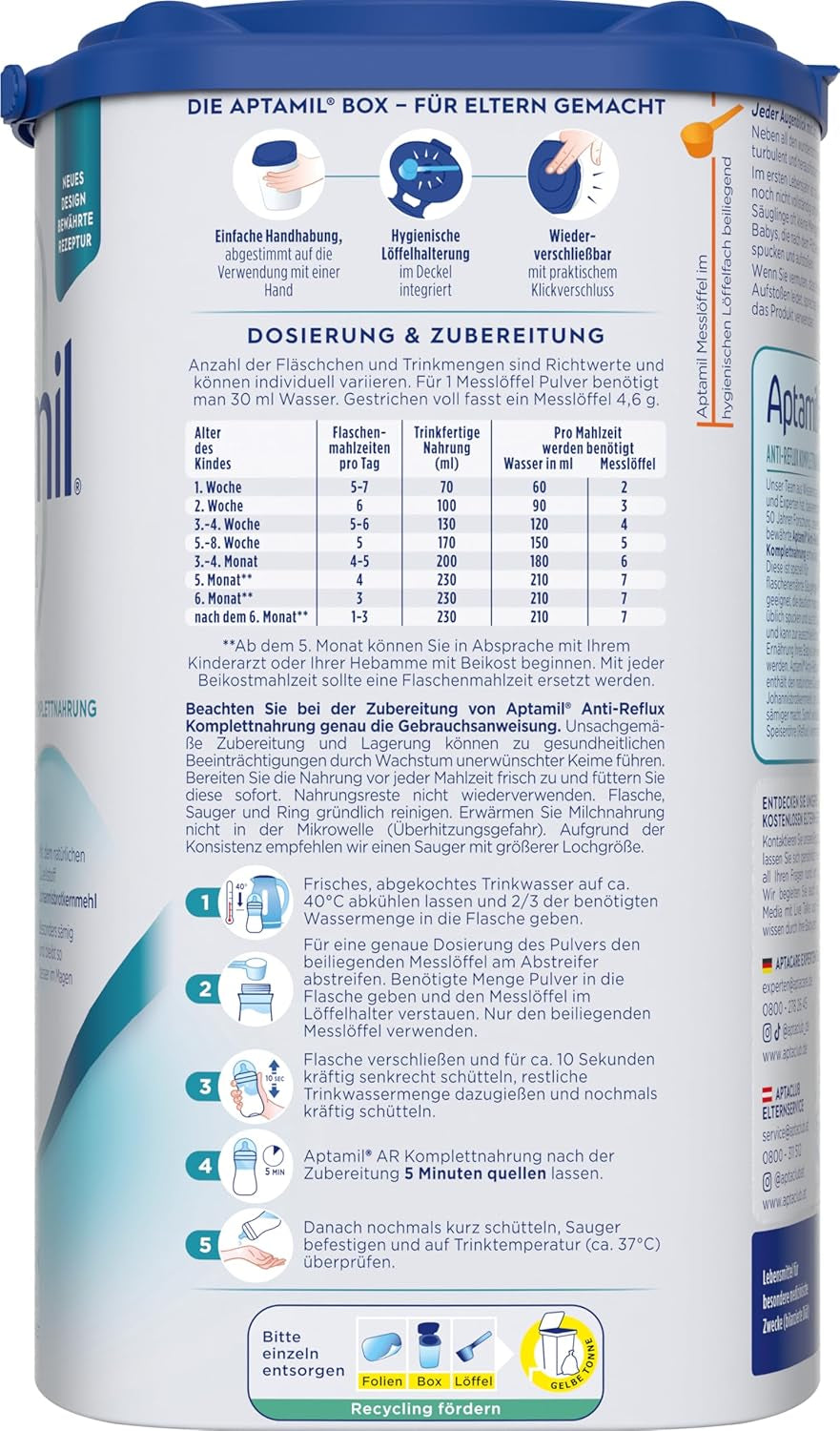 Aptamil Anti-Reflux - Volledige formule vanaf de geboorte Dieetmanagement Braken en oprispingen Babyvoeding Melkpoeder 1 x 800 g