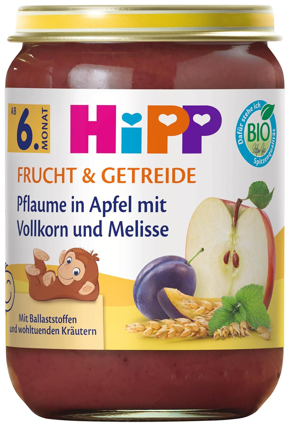 HiPP Biologische pruimen in appelcrème met volle granen en citroenmelisse (6 x 190 g), vanaf 6 maanden, met biologische volle granen en heilzame kruiden, alleen natuurlijke fruitzoetheid, van de beste biologische kwaliteit