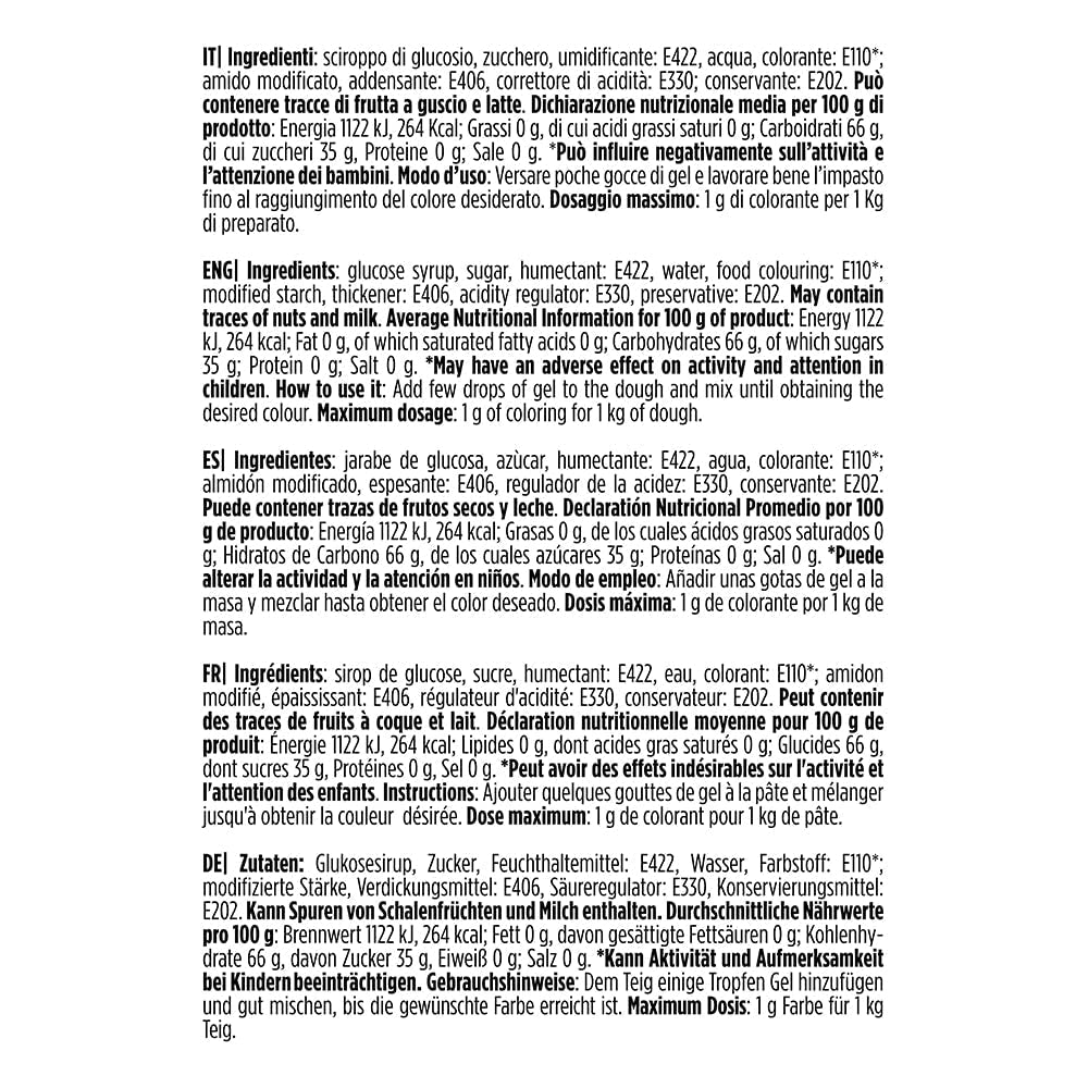 9600813 Gelvoedselkleuring, gelvoedselkleuring ideaal voor coatings en decoraties, creëert intense en heldere kleuren, gemaakt in Italië, 28 gram, oranje kleur.