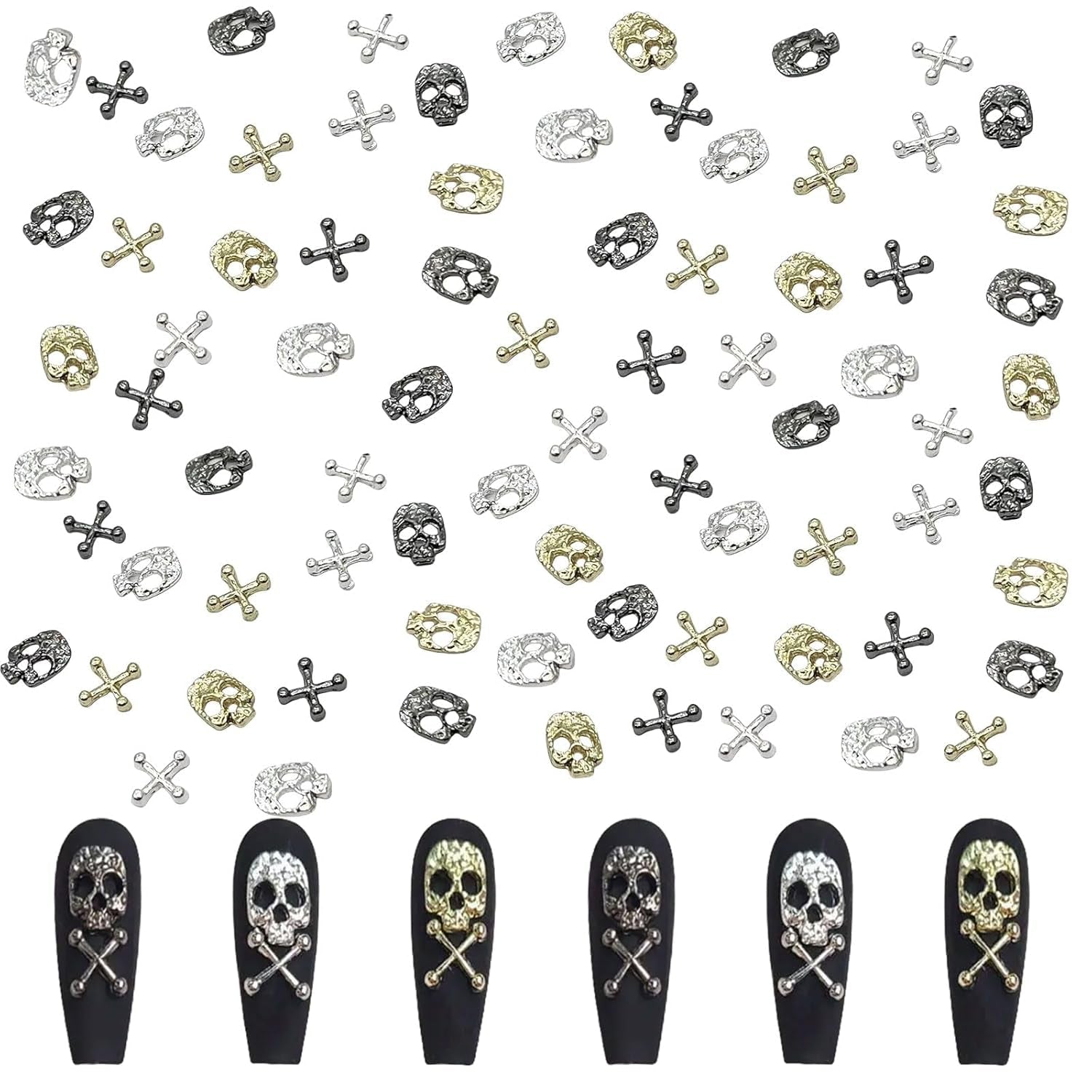 120st Kruis Schedel Nail Art Decoraties Set Goud Zilver Metaal Nail Art Charms Punk Legering Nail Art Sieraden Fonkelende Stenen Accessoires