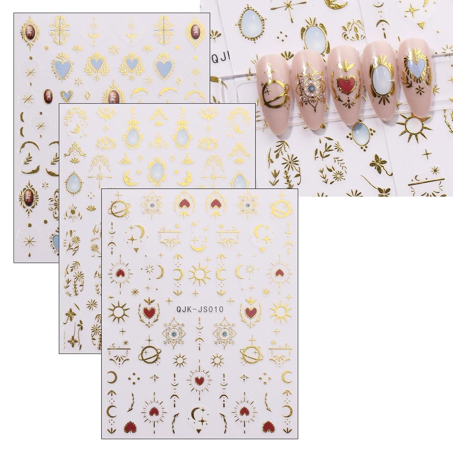 JMEOWIO Nagelsticker Herz Mond Stern 9 Blatt Nail Art Sticker Selbstklebend Nagelaufkleber Bunt Decoratie Nageldesign Zubehör