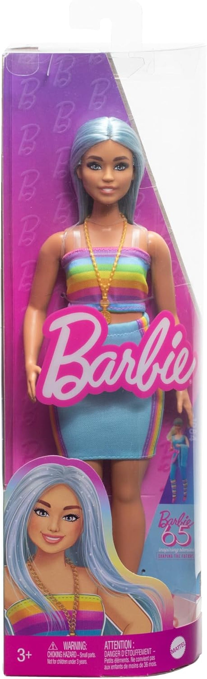 Barbie Fashionistas pop nr. 218 met lang blauw haar, regenboogblouse en turquoise rok, verzamelmodepop ter gelegenheid van het 65-jarig jubileum, HRH16