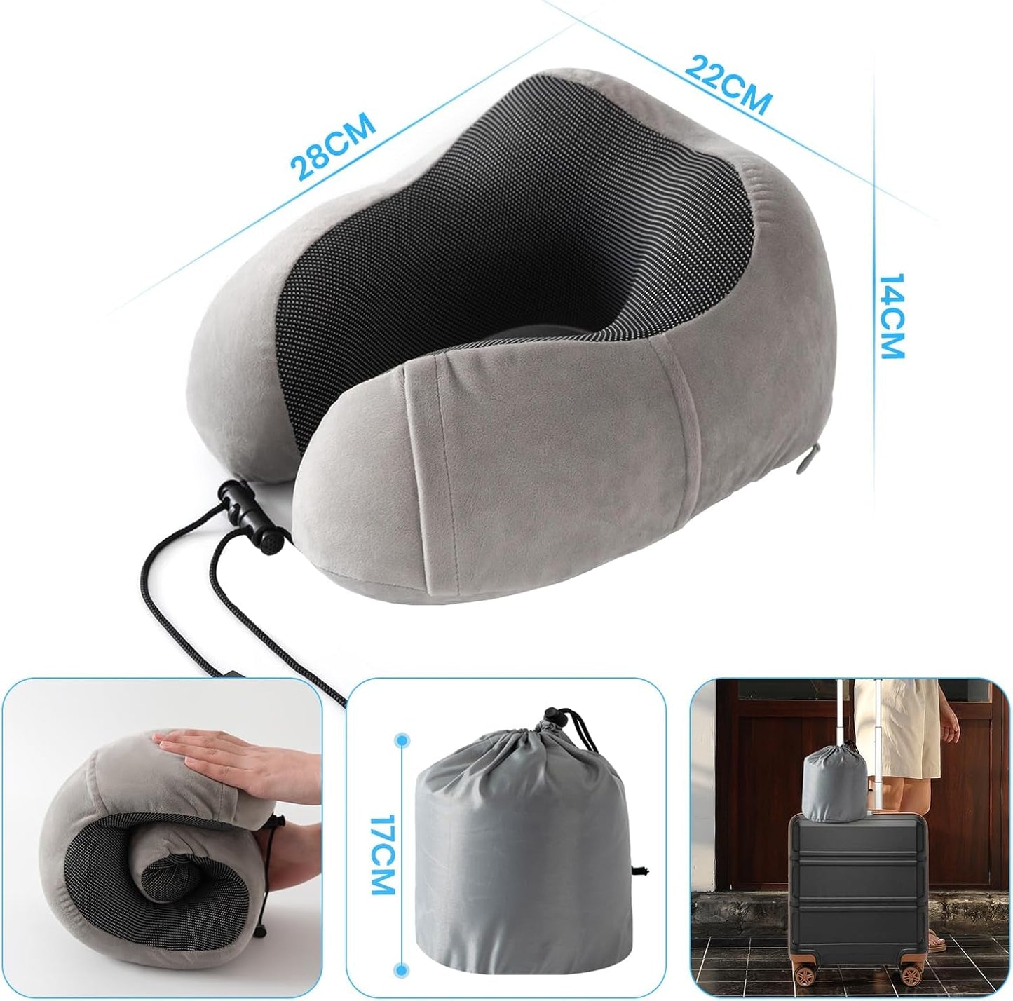 Nekkussen, Nekkussen voor vliegtuig, Reiskussen, Nekkussen voor volwassenen, Nekkussen voor auto, Huiskussen, Ergonomisch kussen van traagschuim, Wasbare smalle rug, Verstelbaar, Grijs