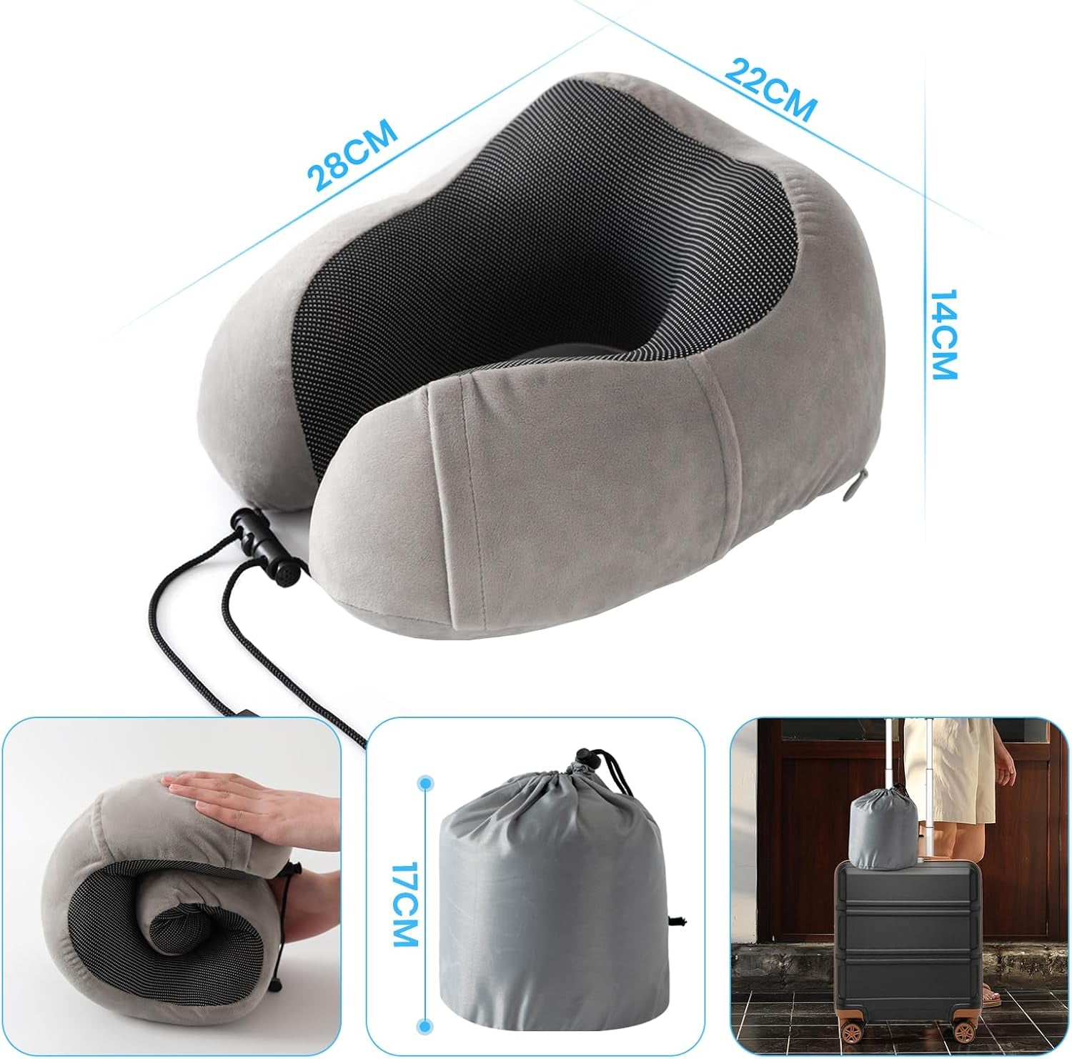 Nekkussen, Nekkussen voor vliegtuig, Reiskussen, Nekkussen voor volwassenen, Nekkussen voor auto, Huiskussen, Ergonomisch kussen van traagschuim, Wasbare smalle rug, Verstelbaar, Grijs