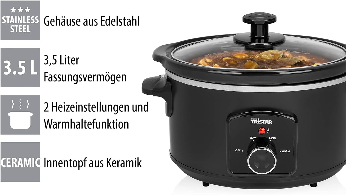 Tristar VS-3915 slowcooker, roestvrijstalen keramische pot met 2 warmtestanden en warmhoudfunctie, 3,5 L Slowcooker Naty Shop