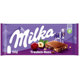 Milka Druiven en Hazelnoten – Alpenmelkchocolade met stukjes hazelnoot en rozijnen – 90g