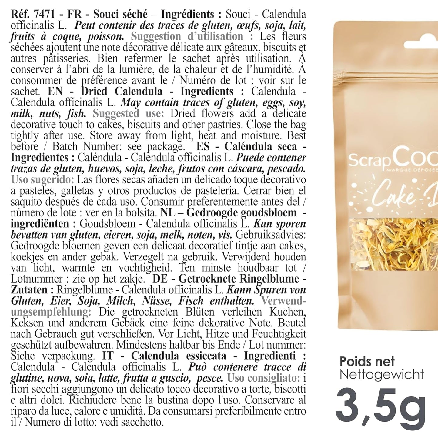 ScrapCooking - Gedroogde Goudsbloemen 3,5 g - Eetbare bloemen - Voedseldecoraties voor bakken - Voor desserts, cakes, taarten, muffins - Kerstmis, Lente, Verjaardag - Goudgeel - 7471