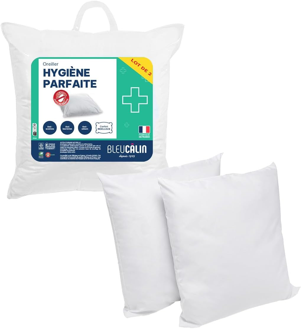Bleu Câlin Set van 2 rechthoekige kussens anti-mijt, antibacterieel, pluizig comfort, T 60X60 Cm, 100% katoen, perfect hygiëne assortiment Naty Shop standaard kussens Vierkant 60 X 60 Cm
