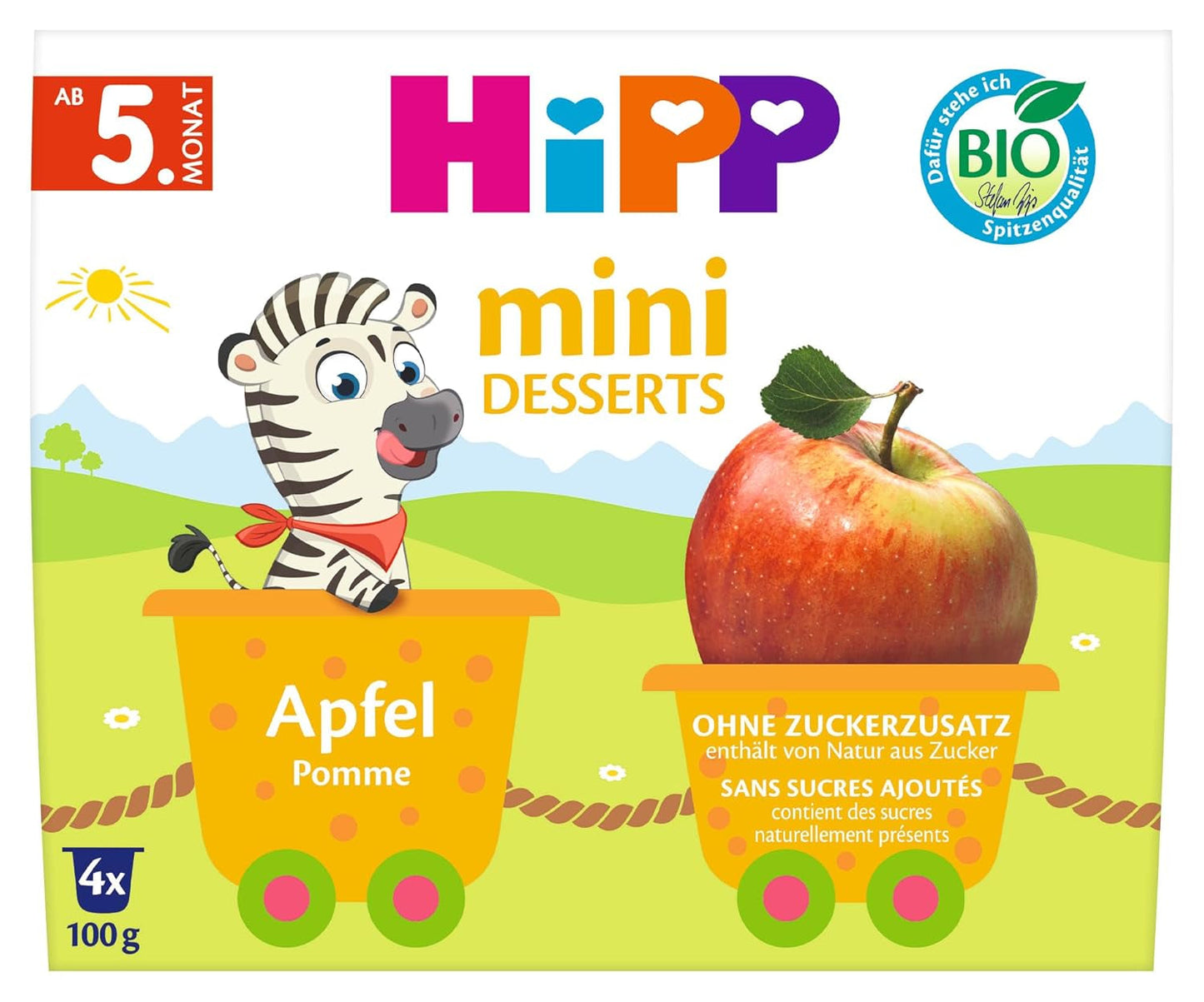 HiPP Mini Dessert Appel Biologisch (pak van 6 x 4 x 100 g), vanaf 5 maanden, in praktische kopjes, zonder toegevoegde suiker, beste biologische kwaliteit