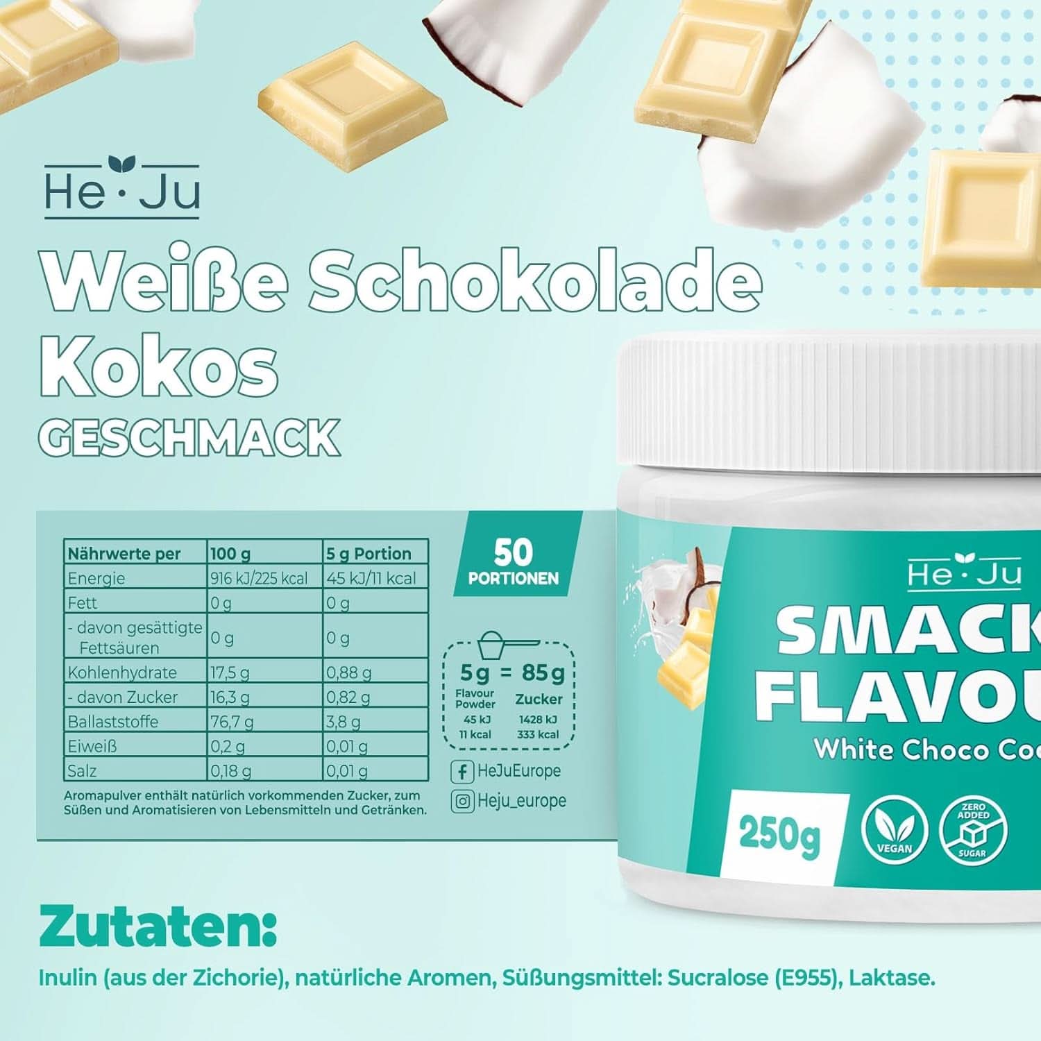 He-Ju, Poeder met witte chocolade en kokossmaak, 250 gram Aromas Naty Shop