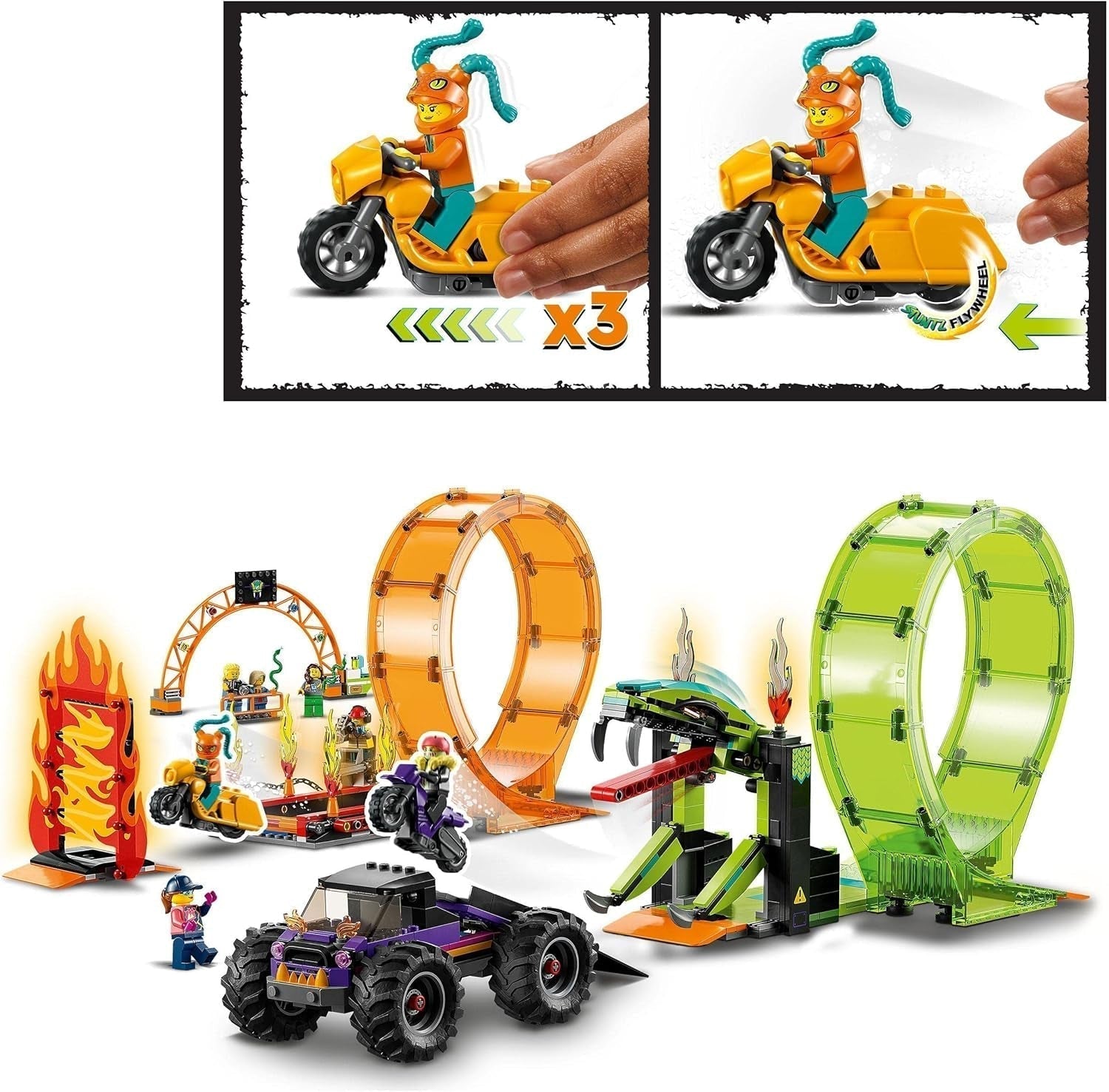 LEGO 60339 City Stuntz Stuntzshow dubbele loopingset, incl. oprit, monstertruck, 2X motorfiets en 7 minifiguren, speelgoed voor kinderen vanaf 7 jaar Bouwsets Besuche den LEGO-Store