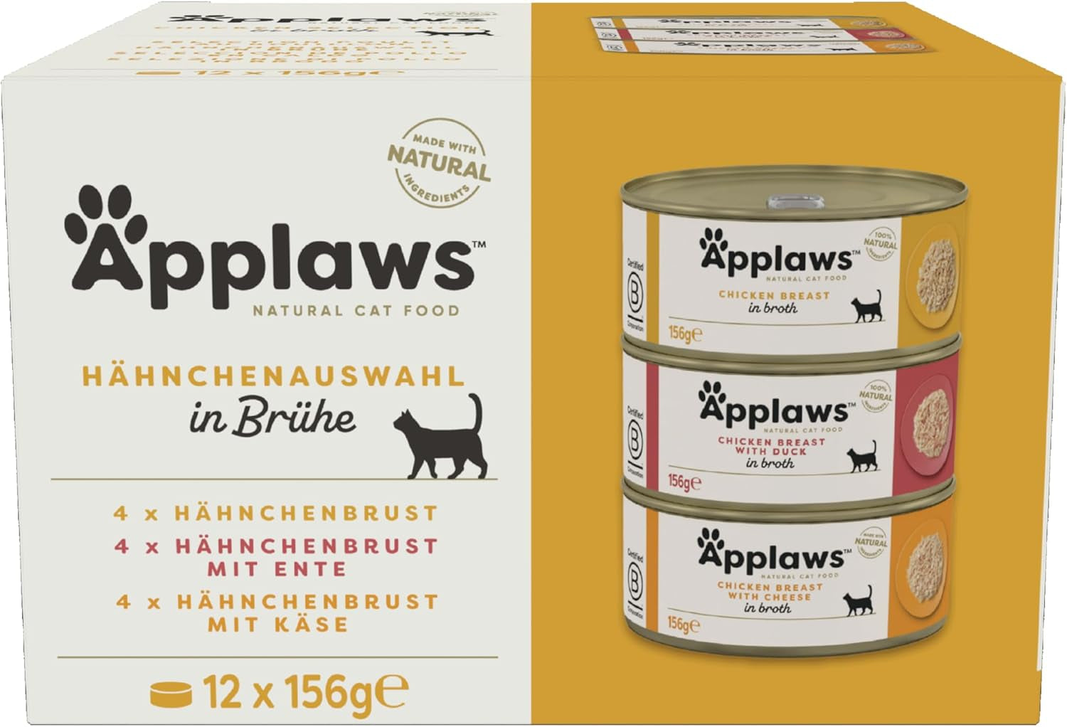 Applaws 100% Natuurlijk Premium Nat Kattenvoer Kip in Bouillon Multiverpakking - 12 Blikjes x 156g Pak