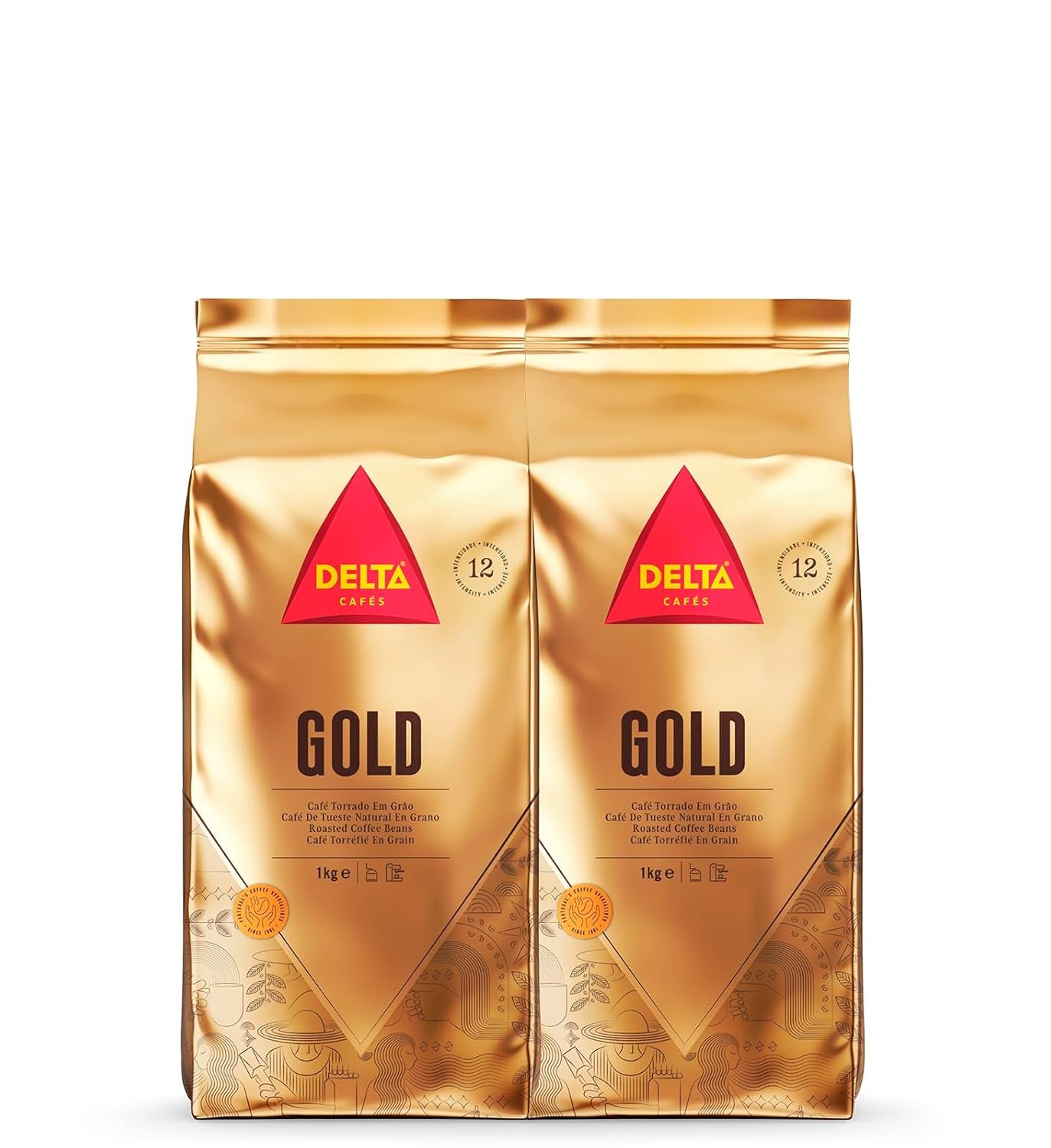 Delta Cafés - Kaffeebohnen Gold - 2 Pakjes à 1 kg - Intensiteit 12 - Vollmundige Arabica-Röstkaffebohnenmischung - Sehr aromatisch mit Noten von Honig und Reifen Früchten