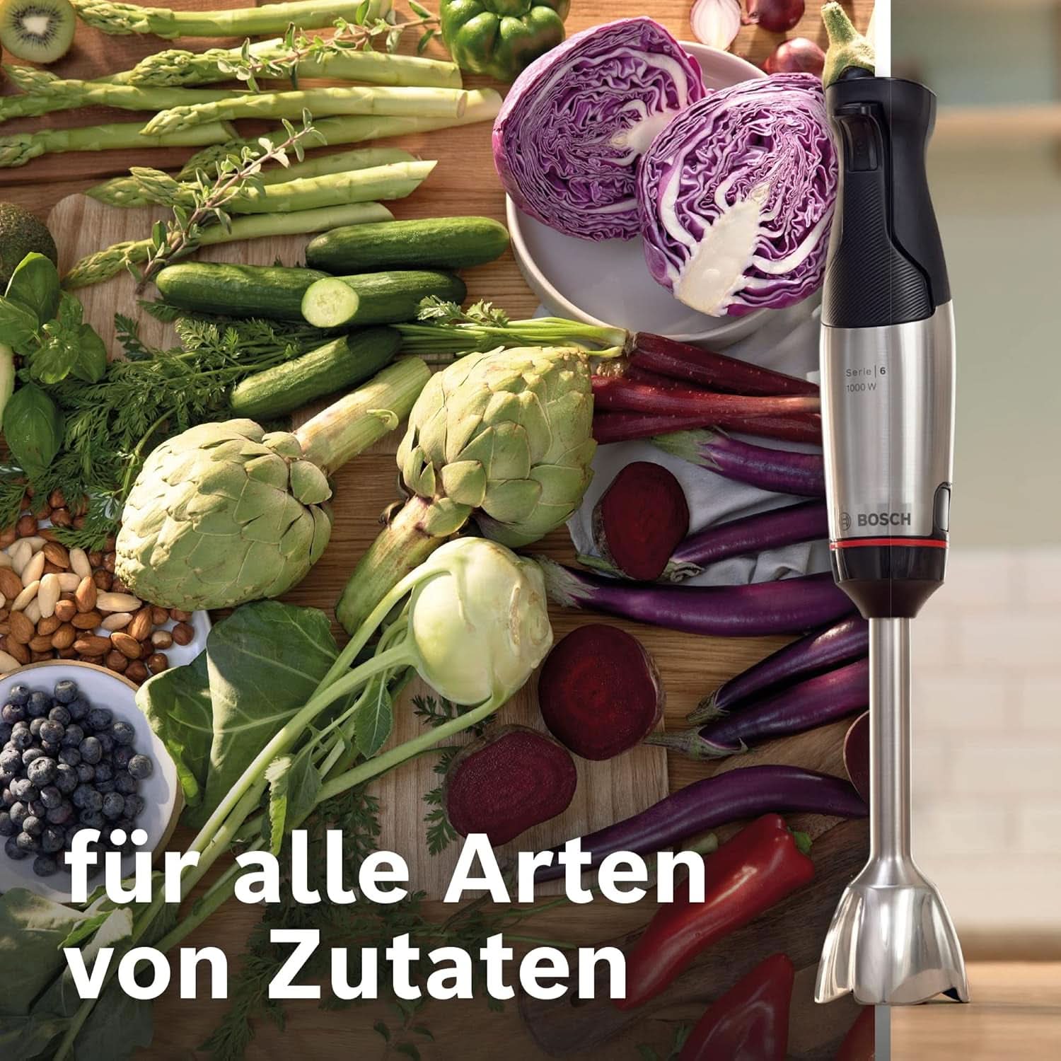 Bosch Stabmixer Ergomaster Serie 6 MSM6M673, 10 Jahre Motorgarantie, Edelstahl-Klingen, Verschleißfreie Keramik-Kupplung, Luftkühlung, Zerkleinerer, Kartoffelstampfer, Schneebesen, 1000 W Keuken Naty Shop