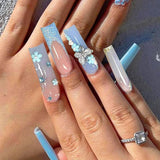 24 stuks vlinderblauwe kunstnagels vierkante druk op Franse lange glitter sprankelende strass valse nageltips