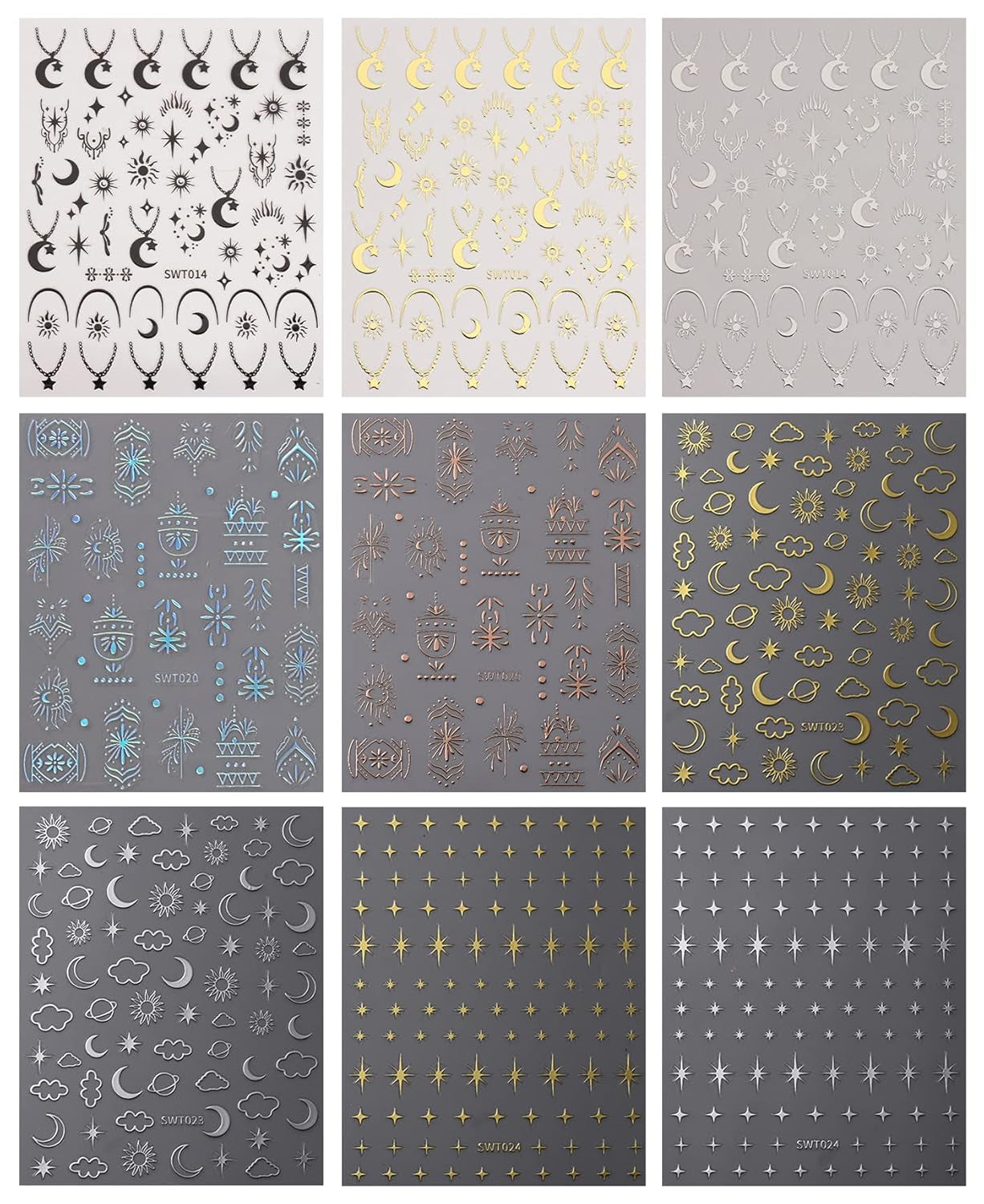 JMEOWIO Nagelsticker Mond Stern 9 Blatt Nail Art Sticker Selbstklebend Nagelaufkleber Bunter Decoratie Nageldesign Zubehör