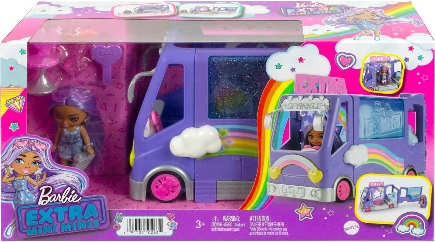 Barbie Extra Mini Minis-pop, Extra Mini Minis-pop met extra glitter-touringcar, inclusief make-upstation en showaccessoires, kindercadeau, speelgoed voor kinderen vanaf 3 jaar, HKF84