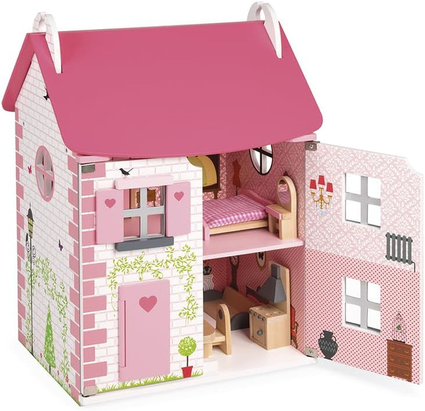 Janod - Mademoiselle houten poppenhuis, 3 verdiepingen en 11 accessoires, speelgoedreplica, stimuleert de verbeelding, vanaf 3 jaar, J06581, Pink Naty Shop klassieke poppenhuizen