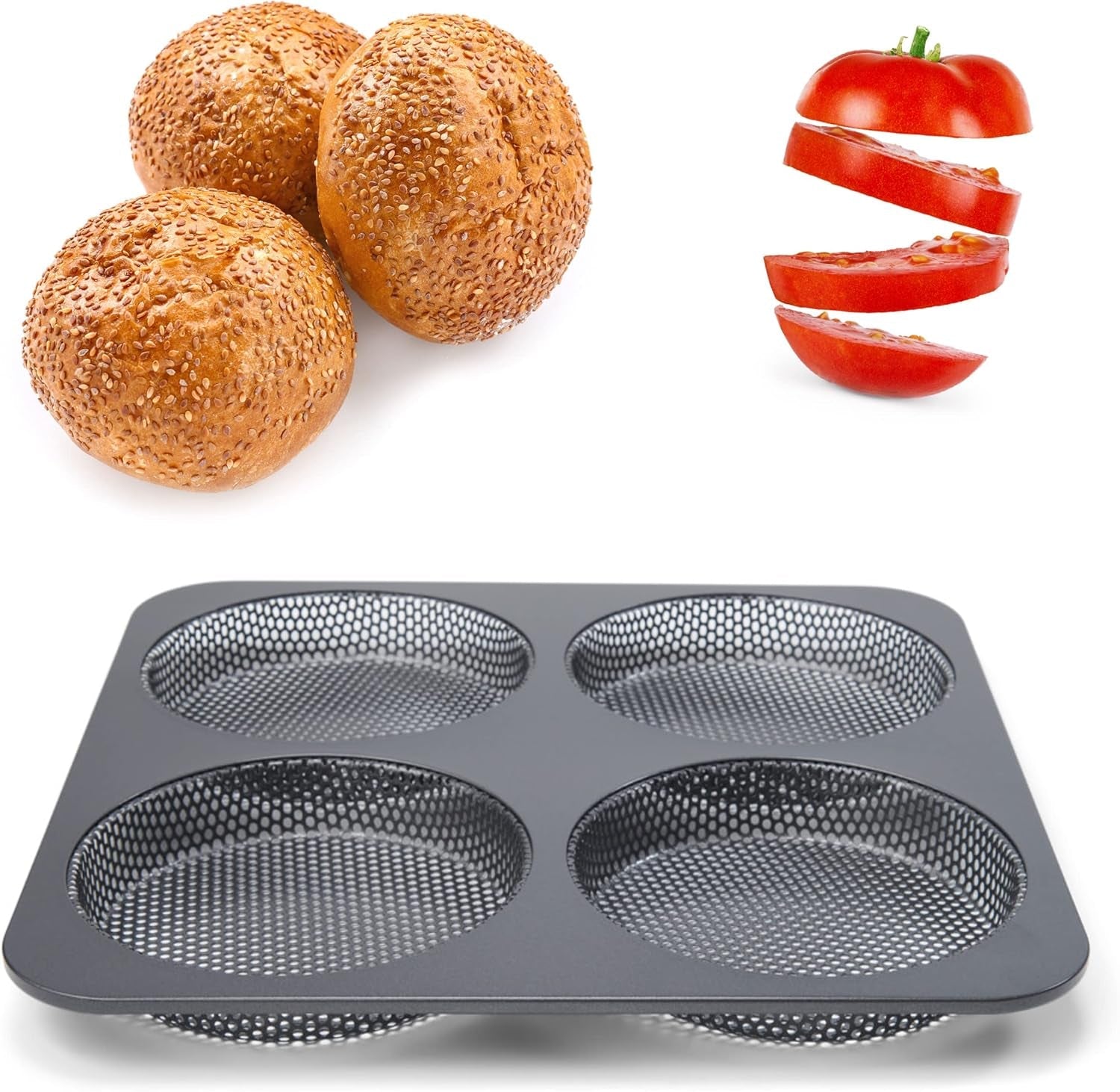 Hamburgerbrötchen, Perforiert, Antihaftbeschichte, 4 Runde Mulden Mit Je 12 Cm, Pfannengröße 28 X 28 Cm, 2.5 Cm Tief, Mittelgroß, Schwarz Vormen en bakplaten Naty Shop