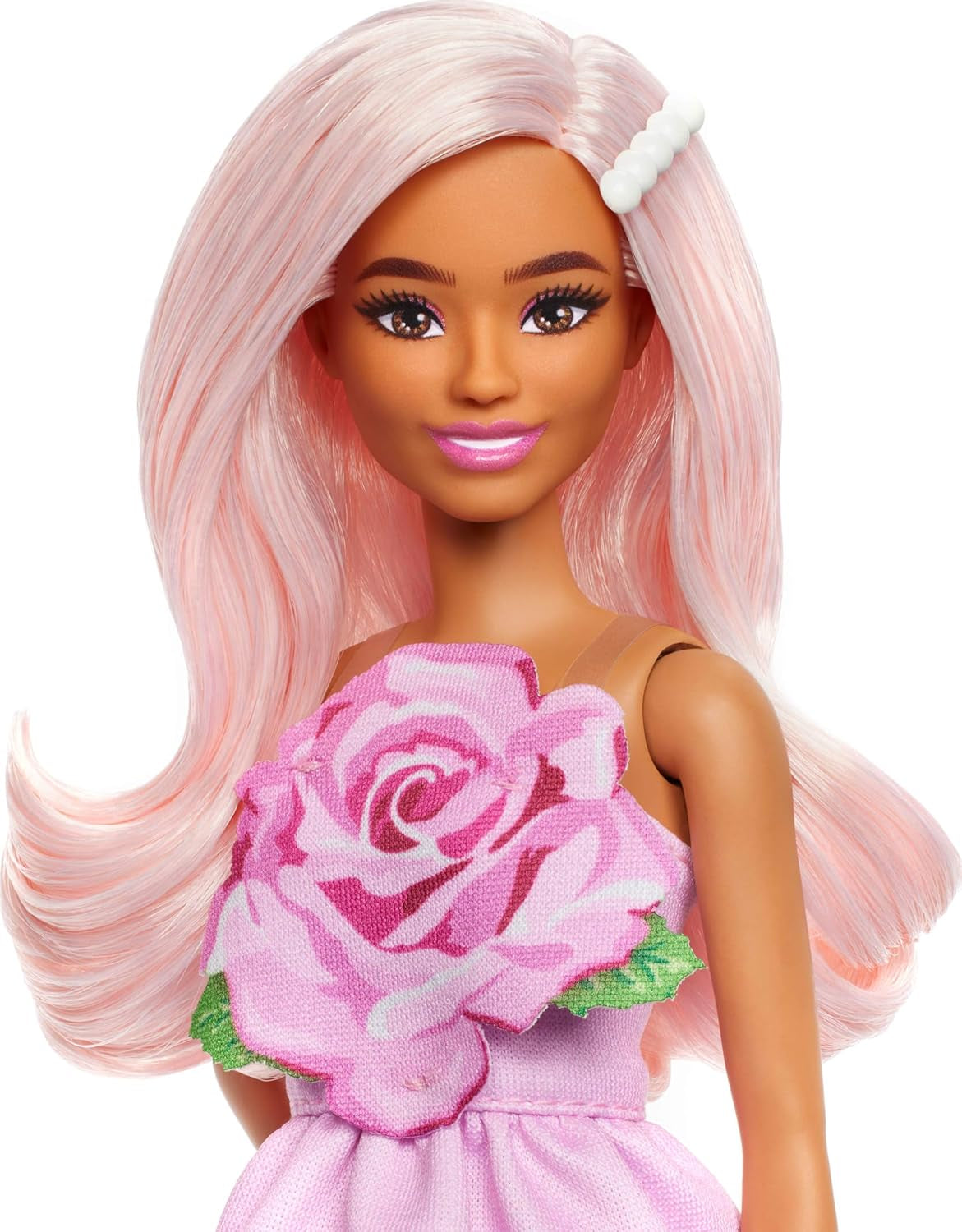 Barbie Fashionistas pop nr. 238 met pastelroze haar, strapless jurkje met roze top, parelhaarclip en hoge hakken met bandjes, HYT94 Naty Shop Dolls