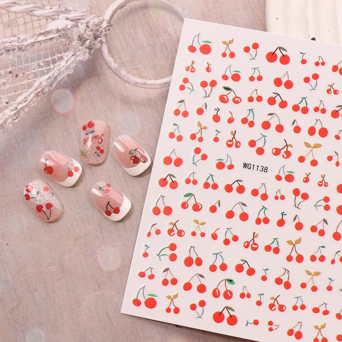 JMEOWIO Nagelsticker Kirschfrucht 6 Blatt Nail Art Sticker Selbstklebend Nagelaufkleber Decoratie Nageldesign Zubehör