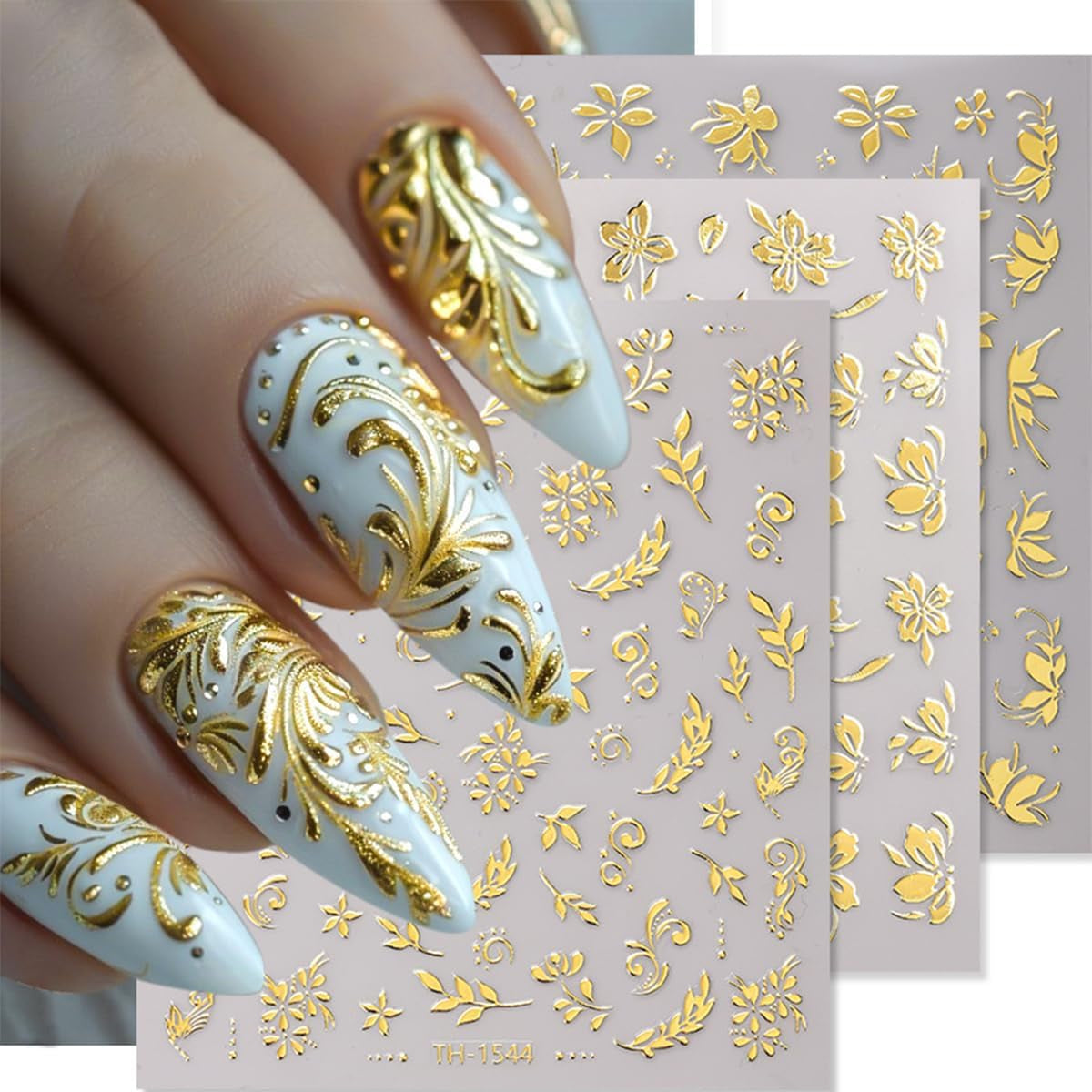 JMEOWIO Nagelsticker Goldene Blumen 8 Blatt Nail Art Sticker Selbstklebend Nagelaufkleber Decoratie Nageldesign Zubehör