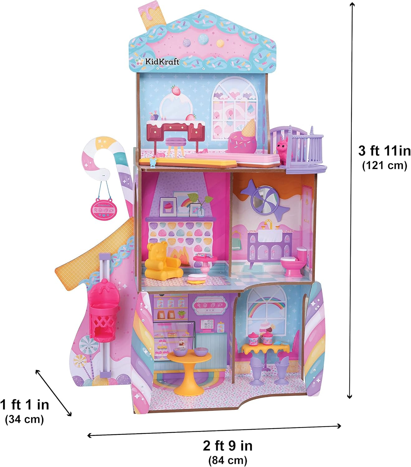 KidKraft Houten poppenhuis Snoepkasteel met meubels en accessoires, Eenhoorn-lamafiguurhuis, ijshoornlift en gummibeerstoel voor poppen, speelgoed voor kinderen vanaf 3 jaar, 20242