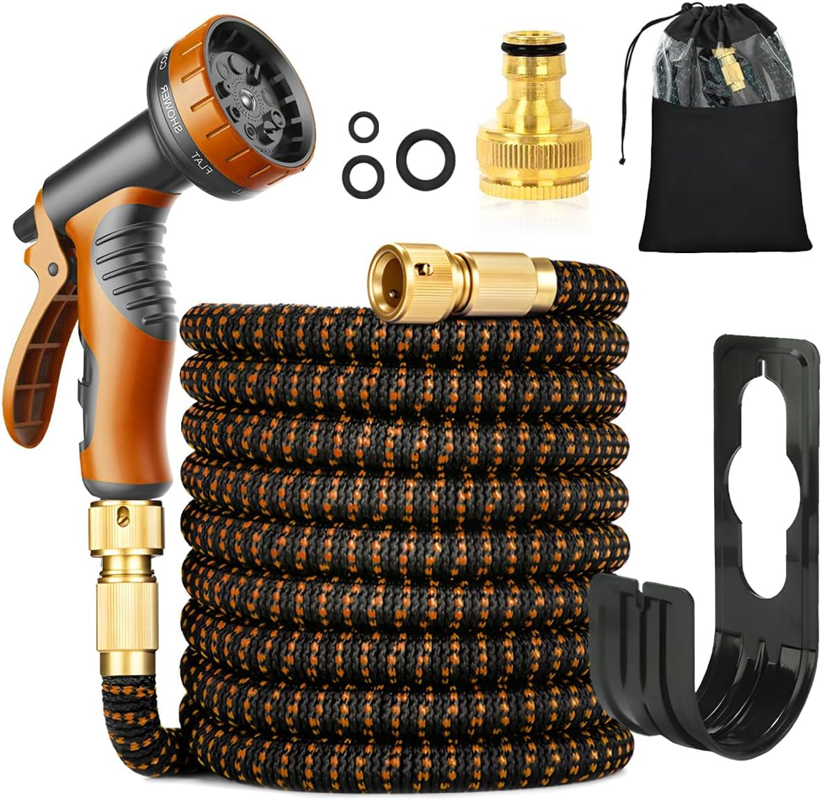 30 m/100 ft groene flexibele tuinslang met sproeikop en 3/4" en 1/2" messing connectoren 10 functies 3-voudig uitschuifbaar, geen knik, uitschuifbare waterslang voor tuinvloer, terrasauto
