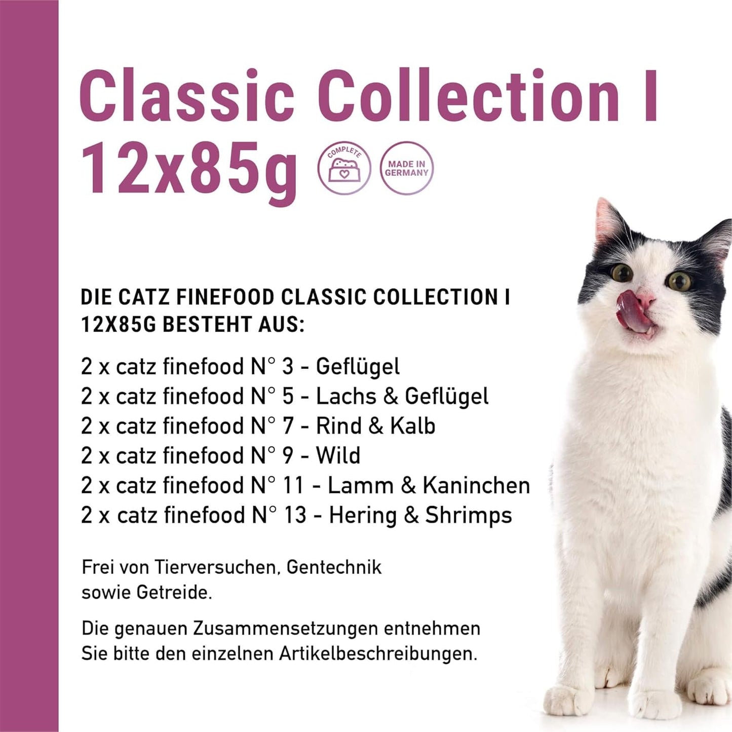 Catz Finefood Classic Collection Mixed Pack Nat Kattenvoer - Gourmet natvoer voor uw kat, graanvrij en suikervrij, met een hoog vleesgehalte, 24 zakjes x 85g