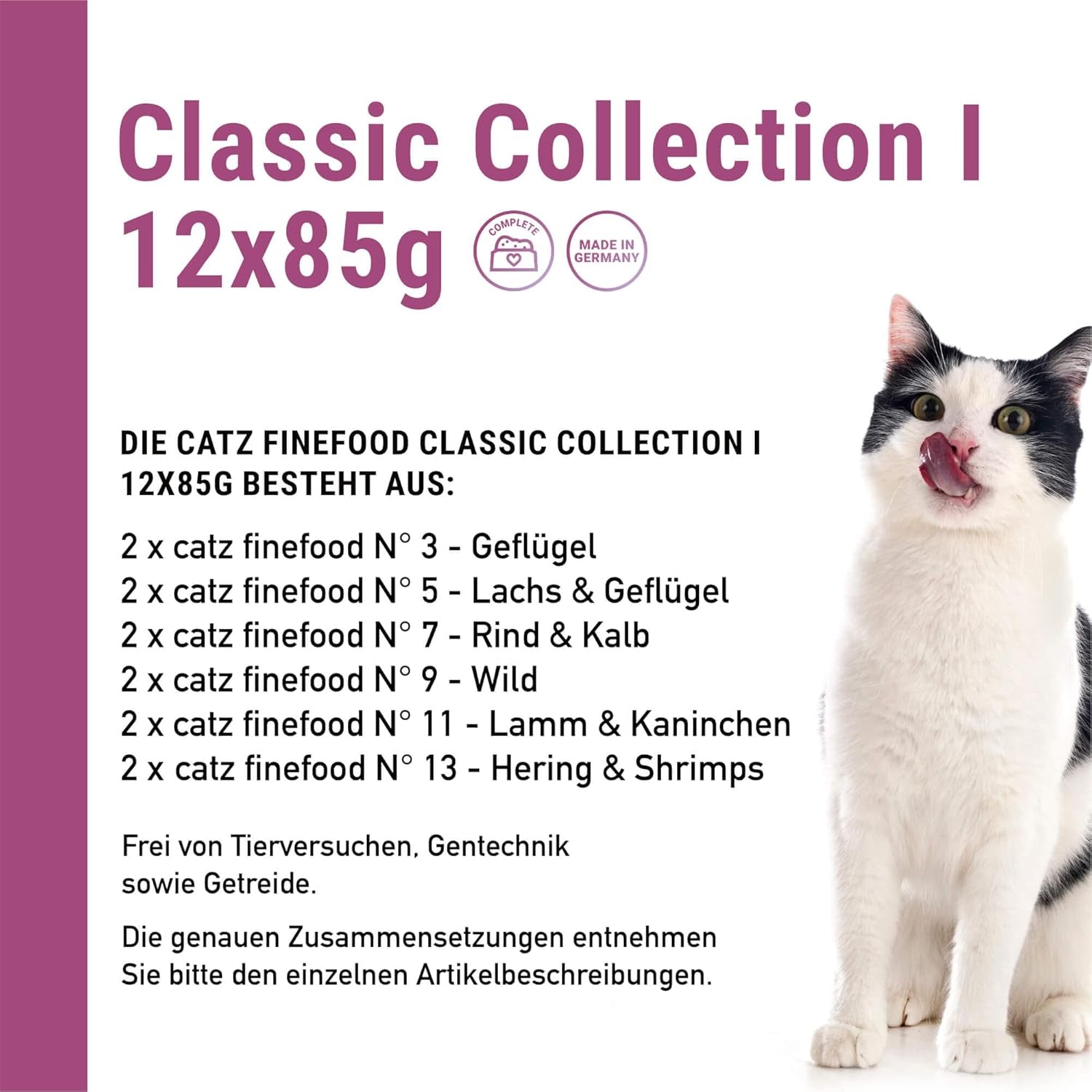 Catz Finefood Classic Collection Mixed Pack Nat Kattenvoer - Gourmet natvoer voor uw kat, graanvrij en suikervrij, met een hoog vleesgehalte, 24 zakjes x 85g