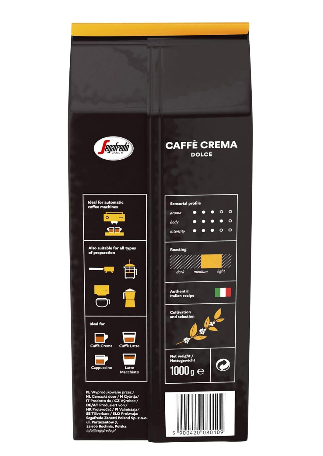 Segafredo Zanetti Caffè Crema Dolce - Hele bonen (pak van 1 kg) - Geschikt voor Caffè Crema - Licht tot medium gebrande koffiebonen met een milde en evenwichtige smaak (pak van 2)