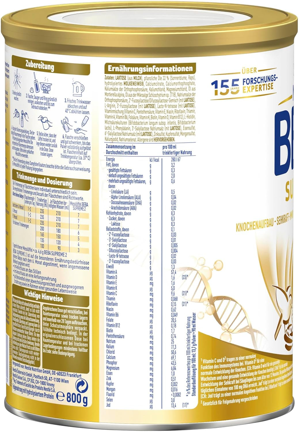 BEBA SUPREME 2 Opvolgmelk na 6 maanden, alleen lactose, palmolievrij, verpakking van 6 (6 x 800g) Naty Shop