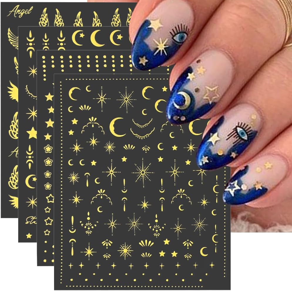 8 vellen gouden maan en sterren nagelkunststickers engelenvleugels bruin gouden nagelstickers sterren nagelfolie zelfklevende nagelstickers nagelontwerpaccessoires nagelstickers