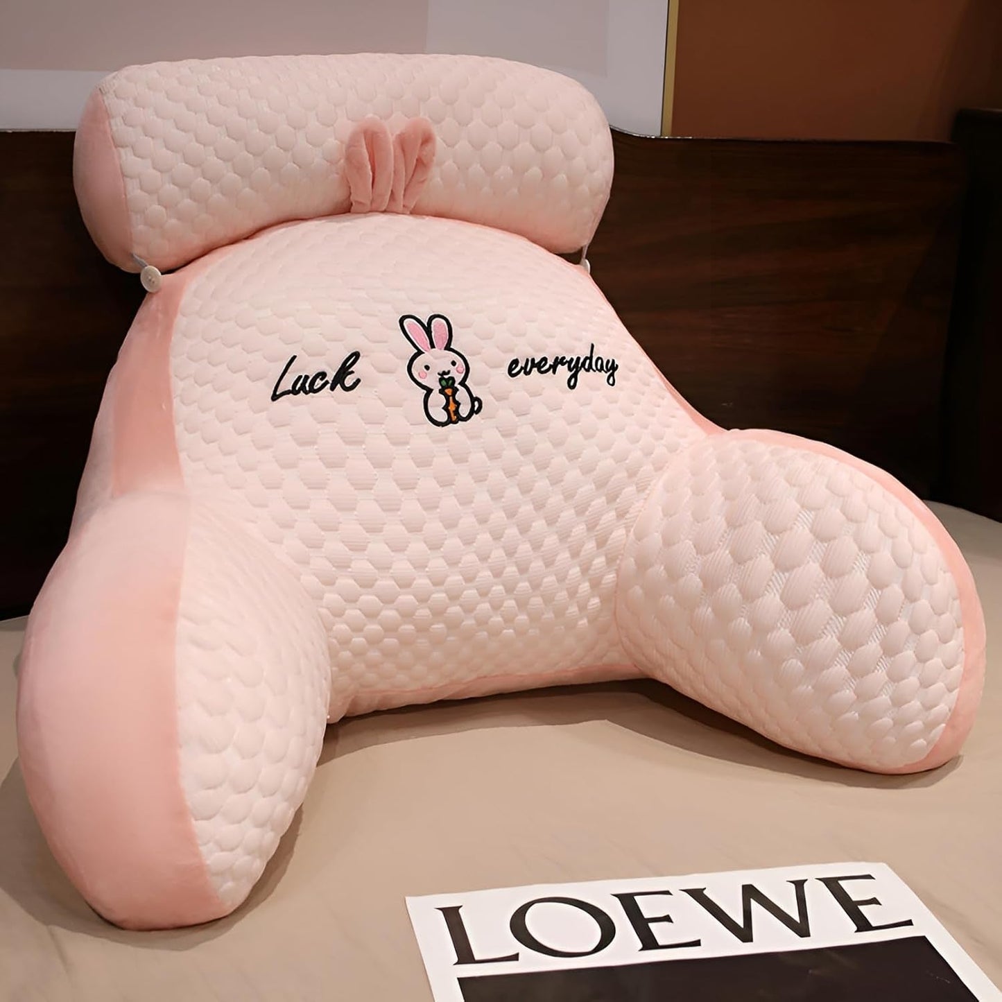 Leeskussen met armleuningen, rugkussen voor bed, bank, extra groot rugkussen voor volwassenen om te lezen met afneembare nekrol (fluweelroze, 70 * 50 cm)