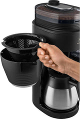 Melitta AromaFresh Therm Pro X - Espressomachine met filter, geïntegreerde molen, afneembaar waterreservoir, roestvrijstalen thermische karaf en timerfunctie, voor maximaal 8 koppen koffie, zwart/zilver