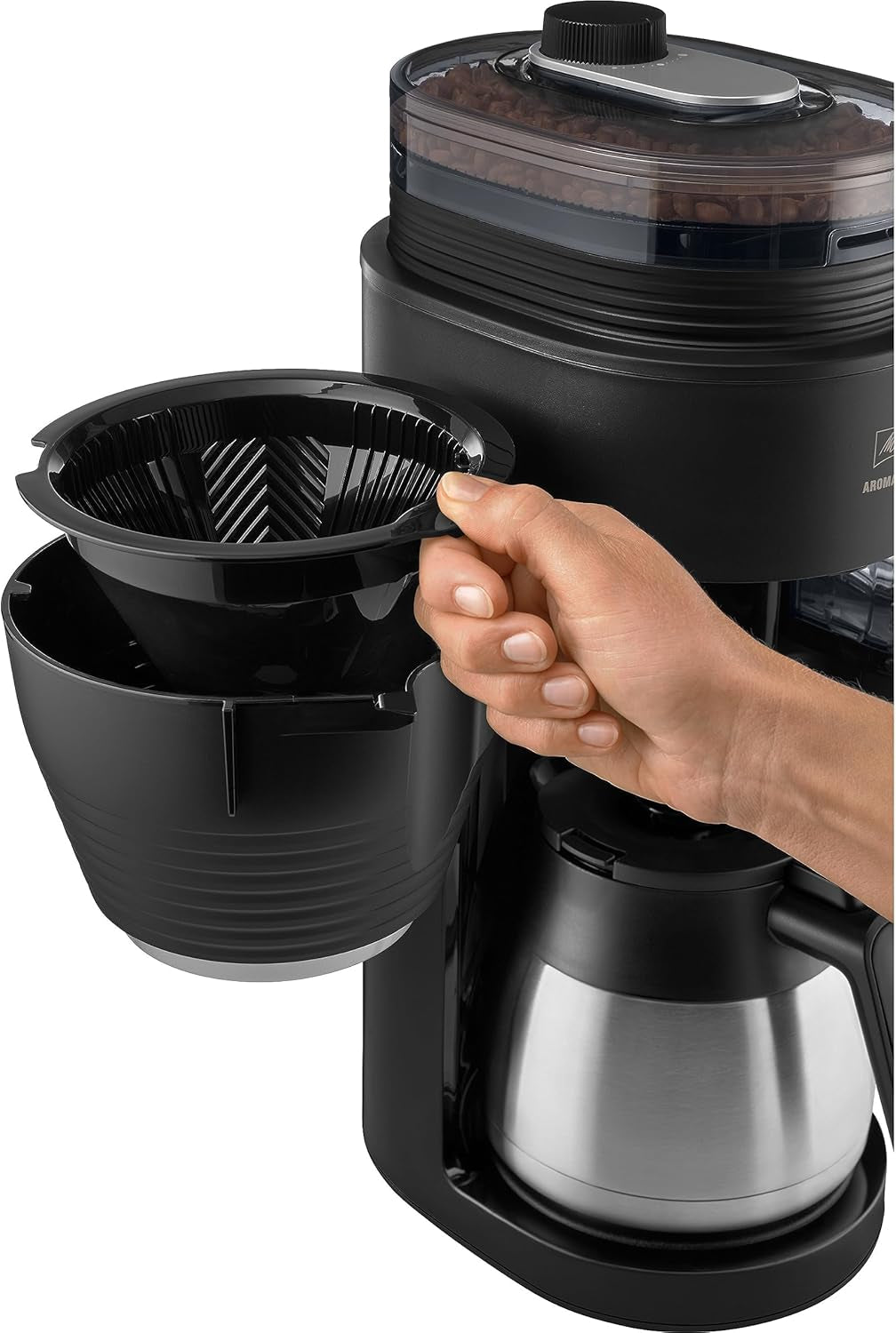 Melitta AromaFresh Therm Pro X - Espressomachine met filter, geïntegreerde molen, afneembaar waterreservoir, roestvrijstalen thermische karaf en timerfunctie, voor maximaal 8 koppen koffie, zwart/zilver