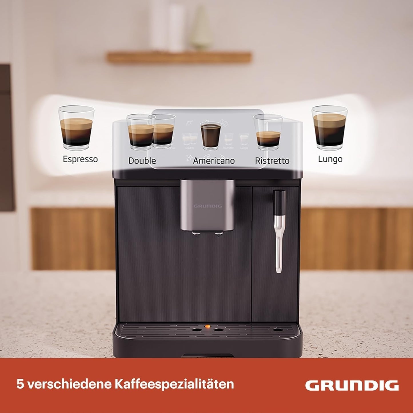 GRUNDIG KVA 6230 volautomatische espressomachine met melkopschuimer, roestvrijstalen molen met 13 maalstanden, bonenreservoir 250 g, afneembaar waterreservoir 2 liter, pompdruk 19 bar, touch display, zwart