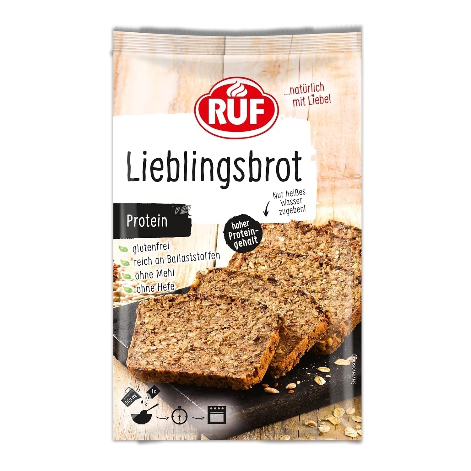 RUF Lieblingsbrot Protein, Brot-Backmischung, Brotmischung, Brotteig-Mischung, Proteinreiches Brot, Glutenfrei, Ohne Mehl & Hefe, 1 X 500G Naty Shop 500 G (1Er Pack) Eiwit