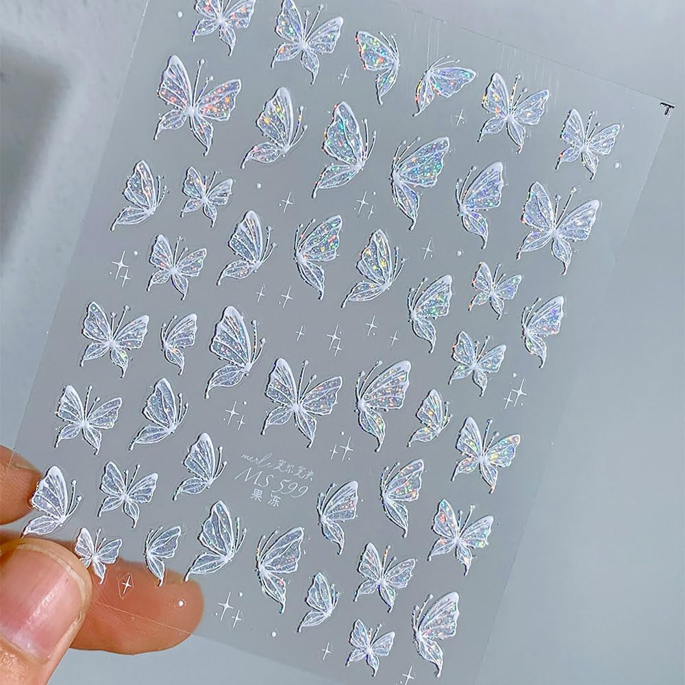 Aurora Muschel Schmetterling Nagelsticker Weiß Schmetterlinge Nagelsticker Gelee Relief Butterfly Nagelaufkleber Y2K Vlinders Nagelsticker Nägel Nageldesign Nagel Zubehör Nail Art Stickers Nailart