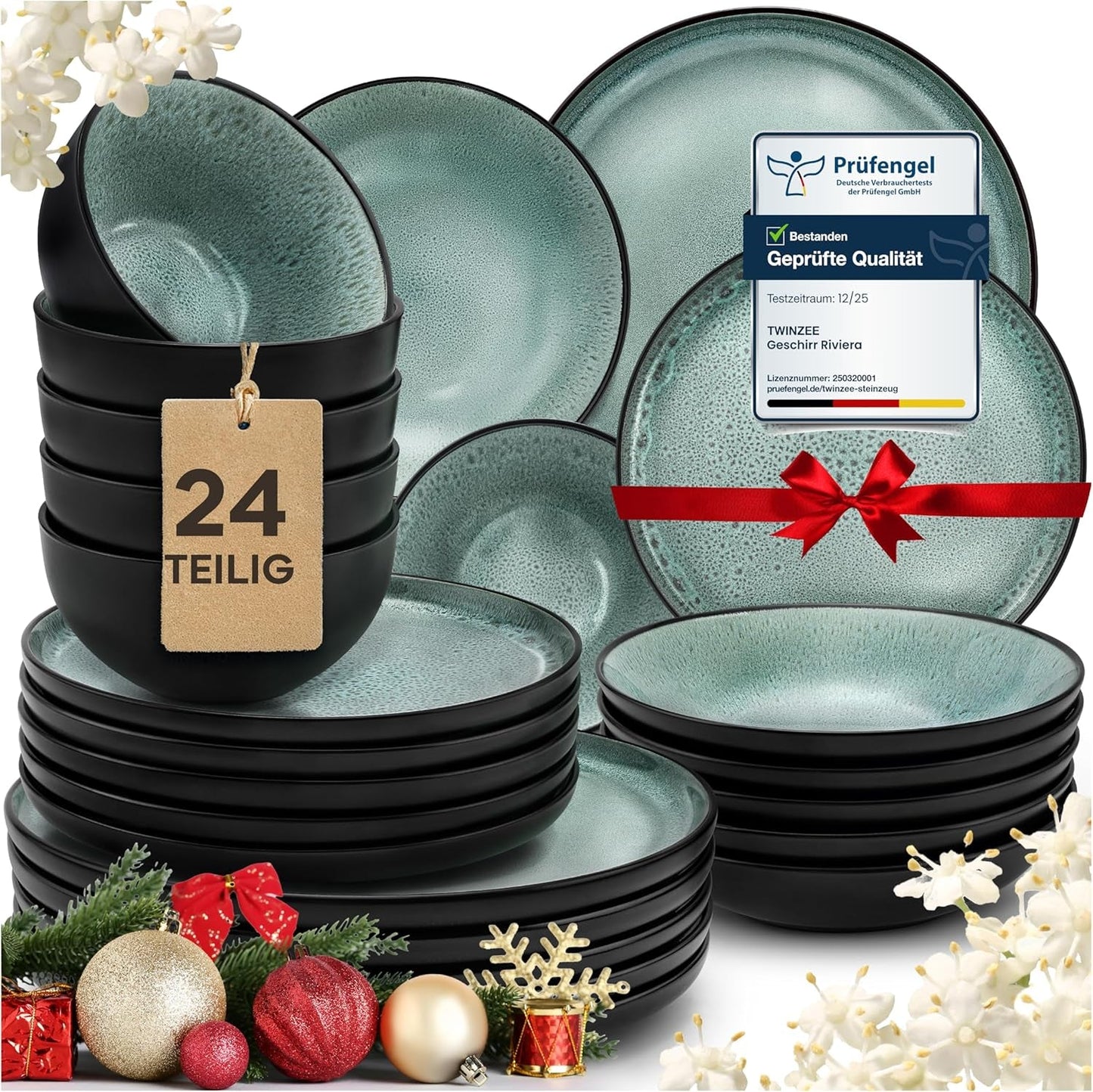 Twinzee 24-delige aardewerk serviesset voor 6 personen - kom en bordenset - magnetronbestendig steengoed - Riviera-collectie