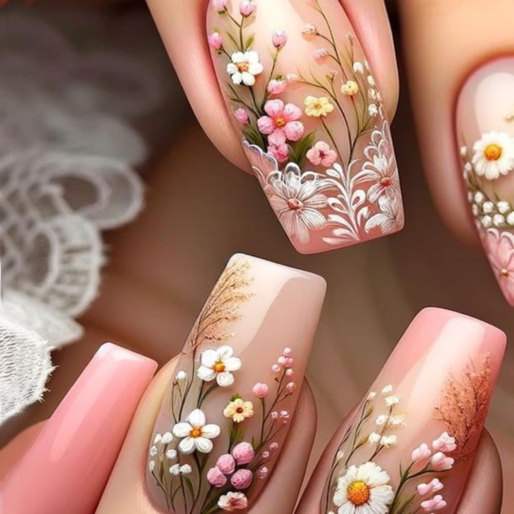 24 stuks lange druk op nagels doodskist kunstnagels vlinder bloem zelfklevende nagels wit bruin acryl nagel set nagel tips vrouwen lente zomer nagel accessoires