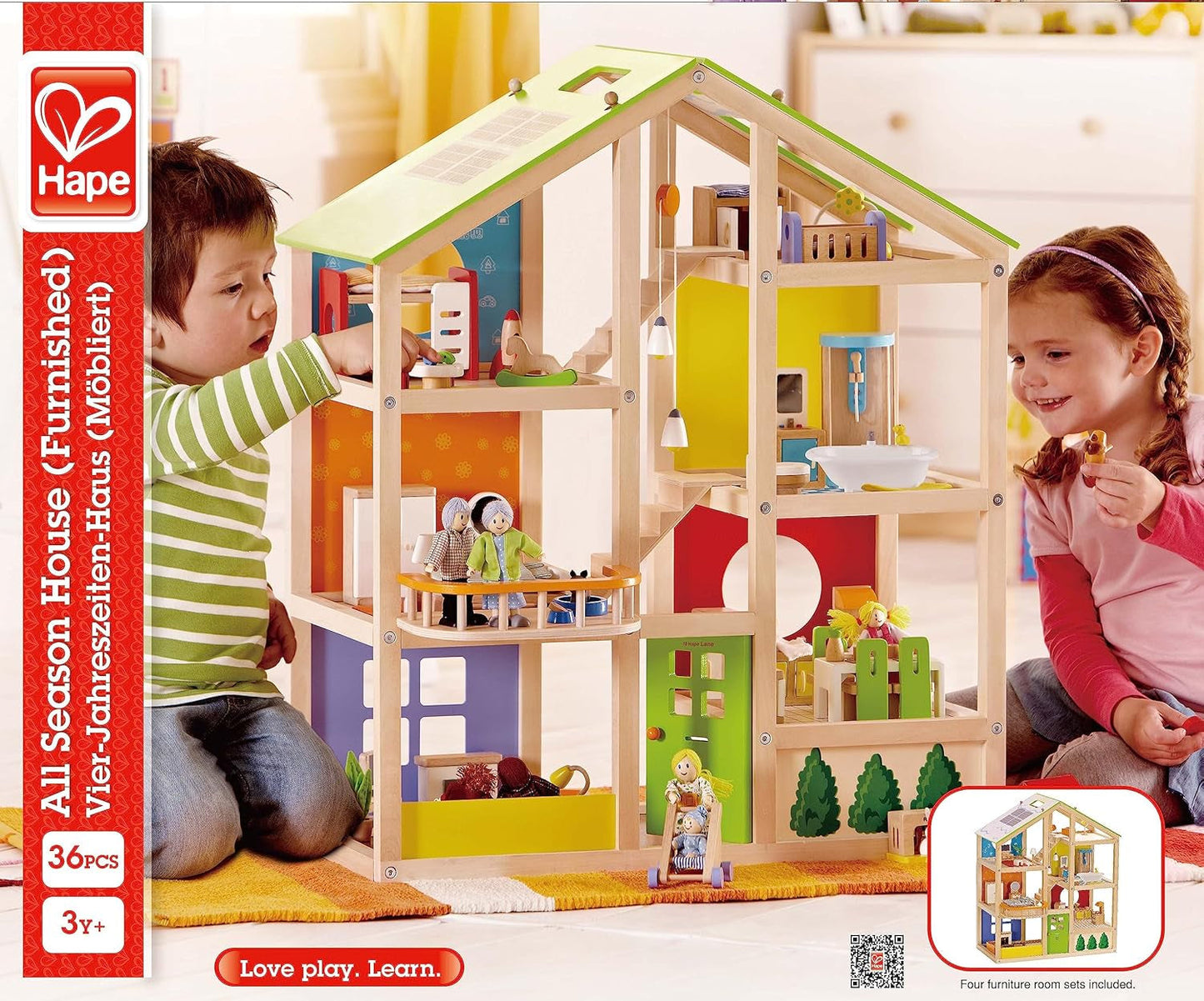 Hape Four Seasons Dollhouse - bekroond houten poppenhuis van drie verdiepingen met meubels, accessoires, schuiftrap en omkeerbaar dak voor alle seizoenen, voor kinderen vanaf 3 jaar