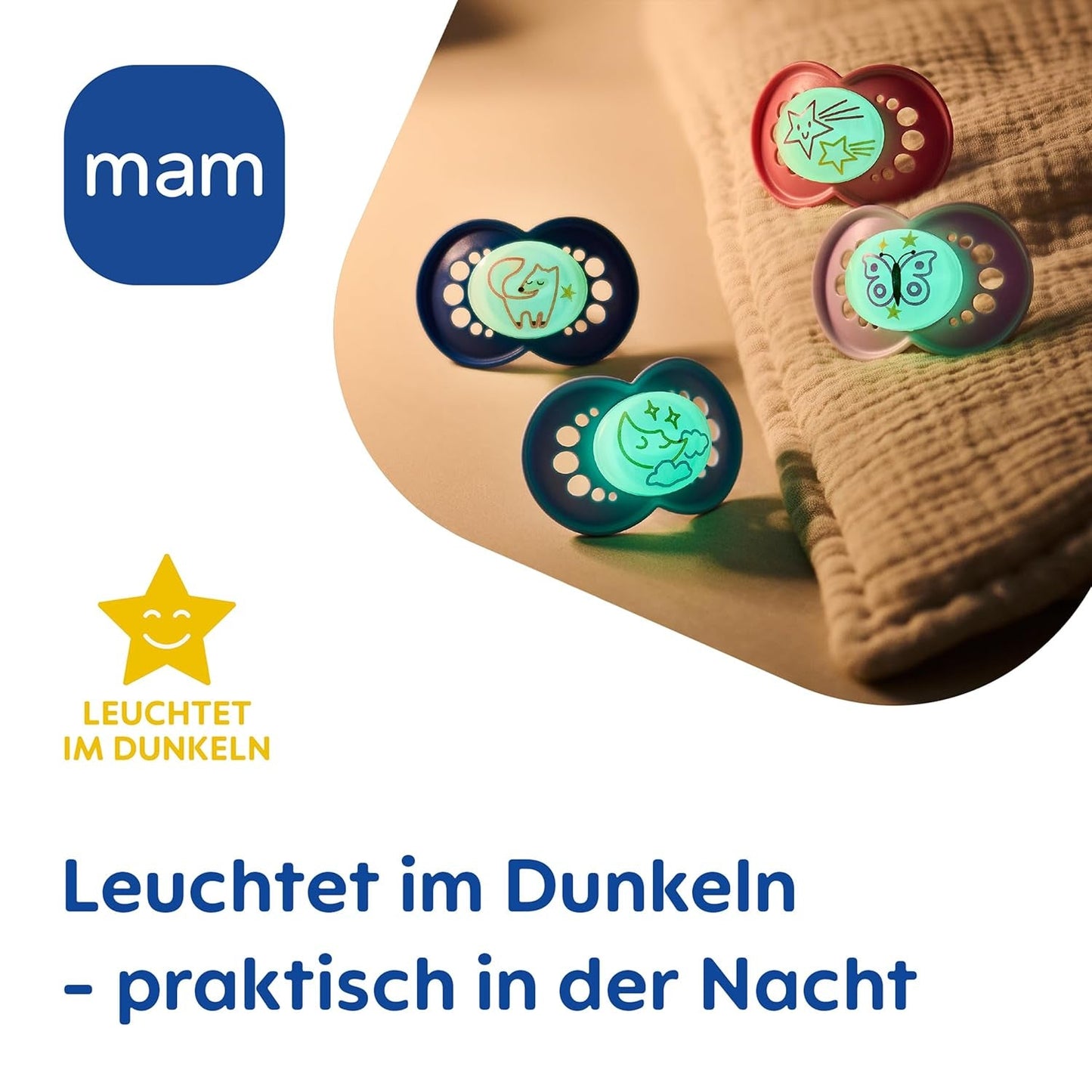 MAM Original Day & Night Matt Fopspeen | 6-16 maanden | Acceptatie 94% | Babyfopspeen helpt ongewenste uitlijning van de tanden te voorkomen | Ontwikkeld samen met tandartsen | Siliconen SkinSoft | Vos/Maan | Pakket van 4