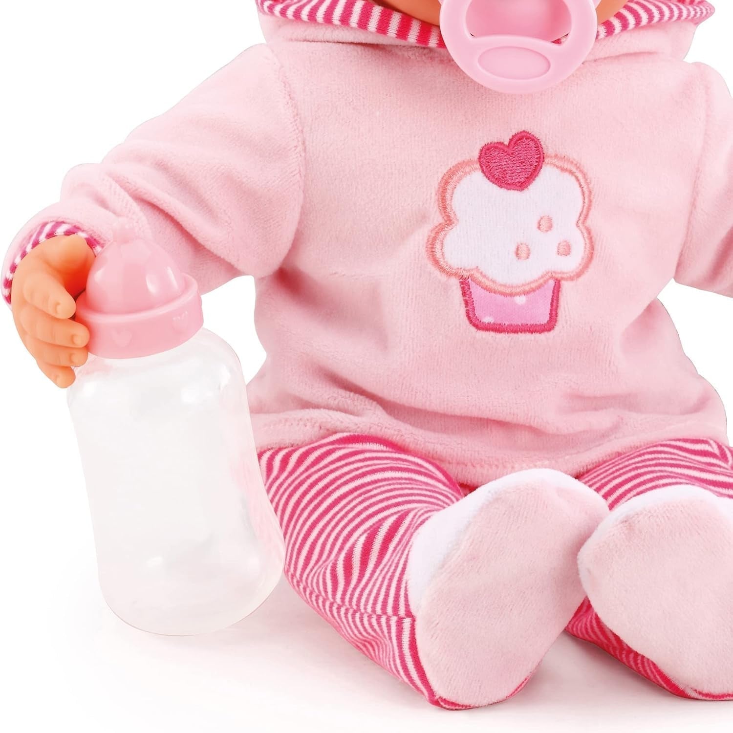 First Words pop met slaapogen, spreekt 24 babygeluiden, met pop en fles, 38 cm, roze/gestreept Naty Shop Dolls