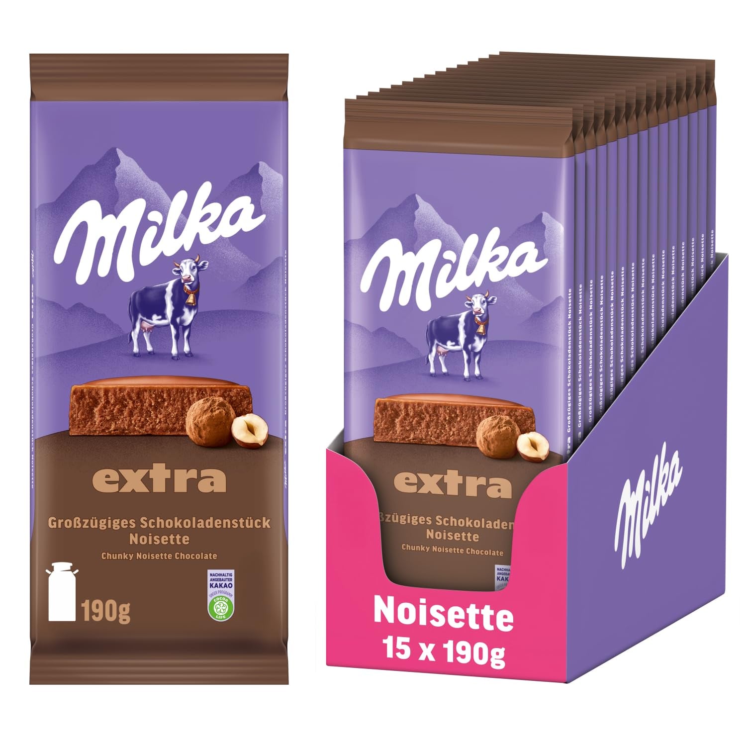 Milka Extra Noisette – Alpenmelkchocolade met delicate en romige hazelnootvulling – 15 x 190 g