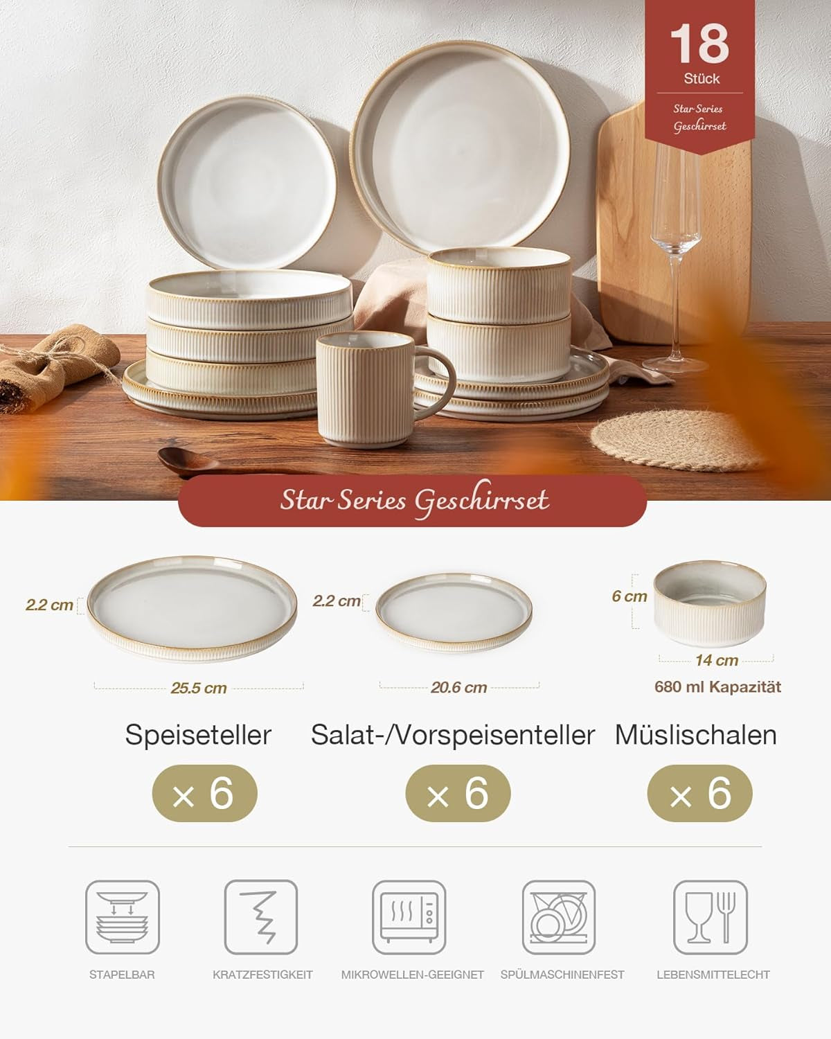 Star 18-delige serviesset, 6-persoons serviesset, porselein, krasbestendig, magnetron- en vaatwasmachinebestendig, cappuccino wit